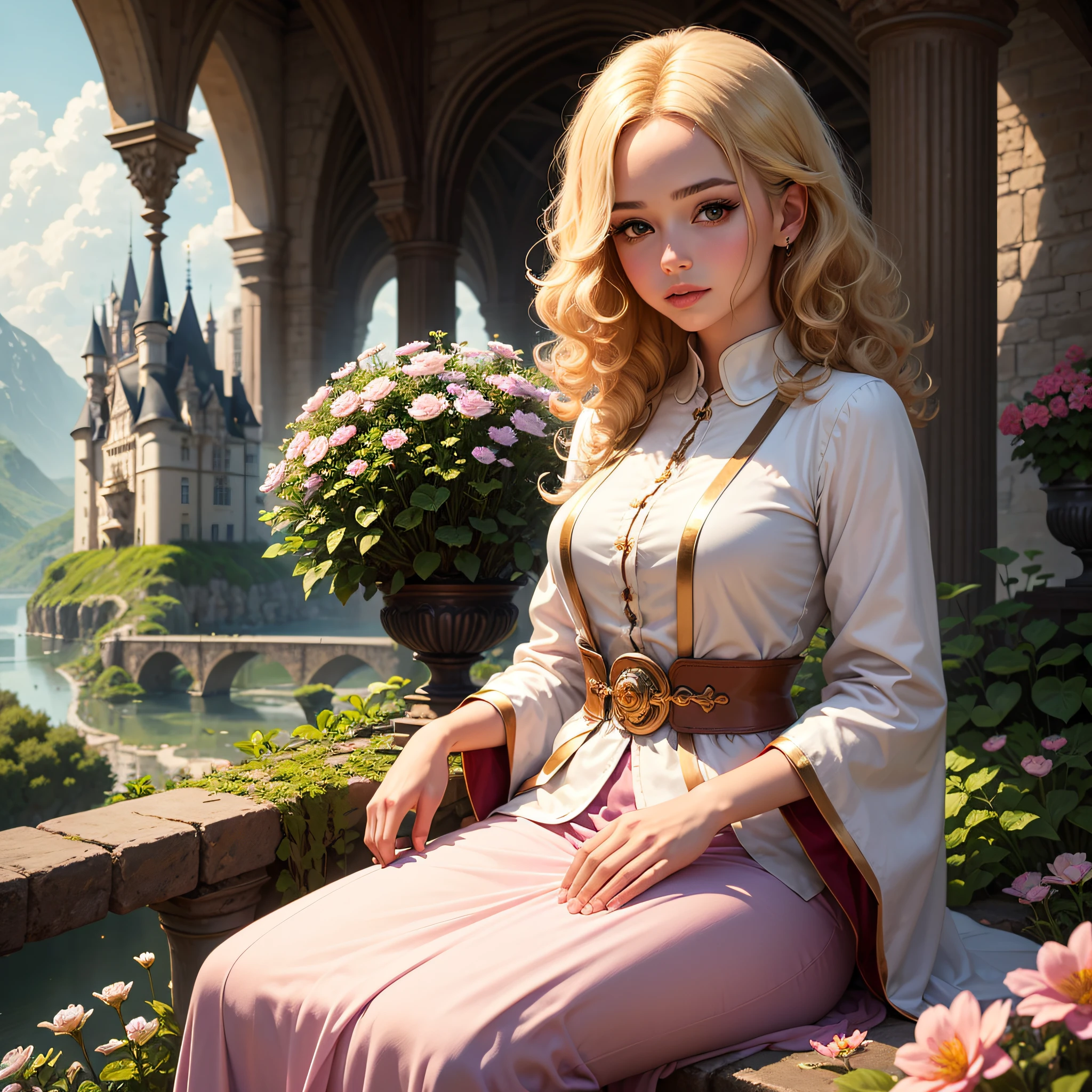 princess with blonde curly hair, with a flushed face, sparkling brown eyes, silk clothes, sitting in a flowering garden in the background of a magical castle, high quality image, realistic --auto