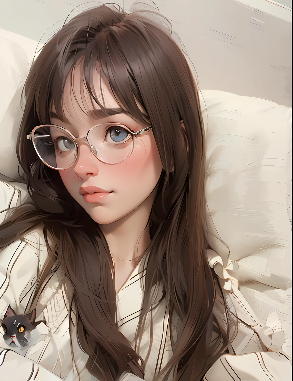 Arad woman lying in bed with glasses and cat brooch, wearing thin large round glasses, ((glasses)), urzan, glasses glasses, with glasses, large round glasses, transparent glasses, thin round glasses, Yoshitomo Nara, glasses without frames, wearing small round glasses, ((slightly closed right eye)), slender eyelashes,