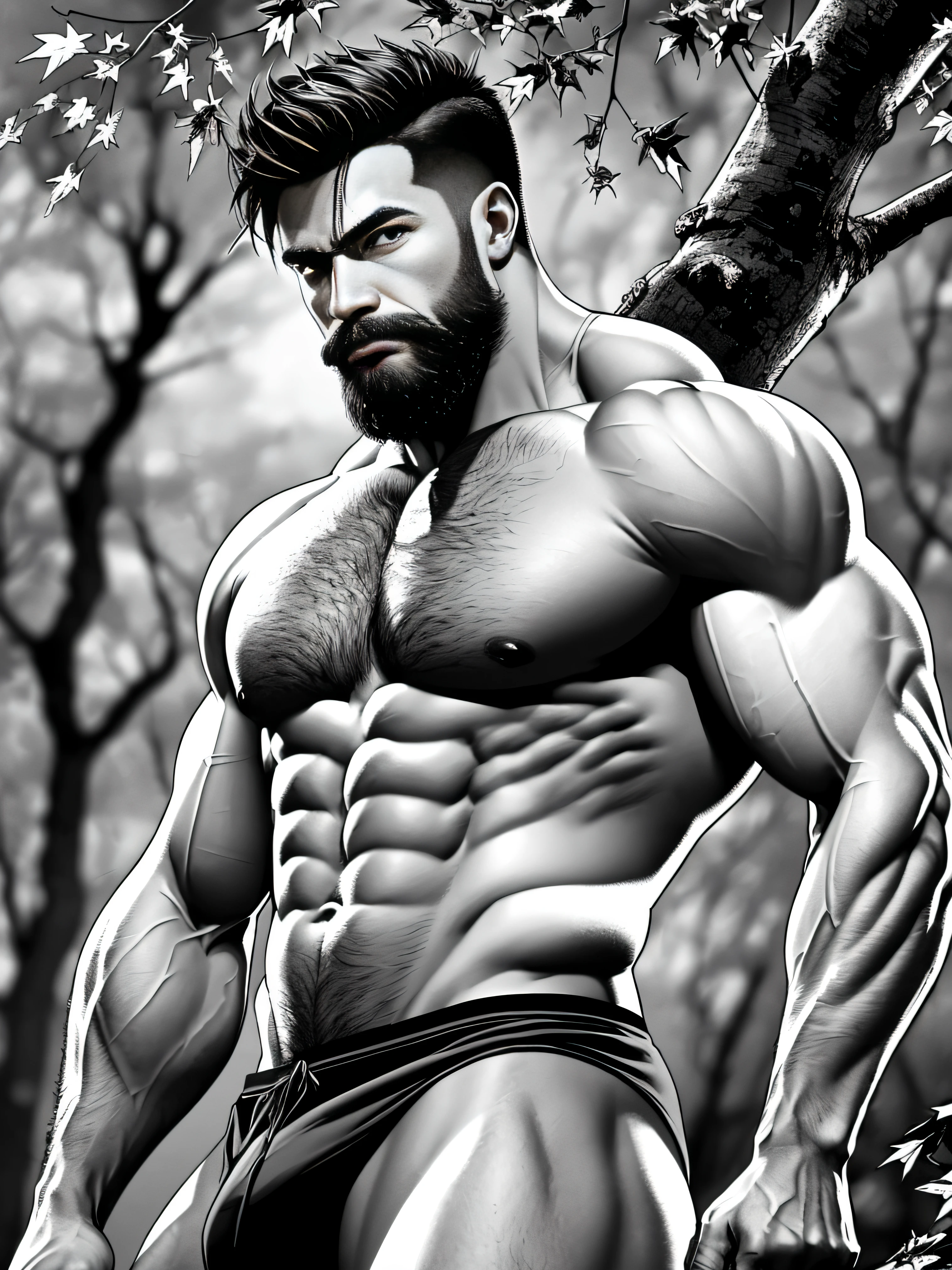 (by Yuko Yuguchi, 1.4), Yuko Higuchi, (by Yoh: 1.2), (Masterpiece, Best Quality, Official Fine Art, Beauty & Aesthetics: 1.2), (Super Detail), ((No underwear: 1.2)) ((inch hair short, short beard stubble: 1.1)) ((Short hair, brush cut, 32 year old muscular man: 1.1)) Fine detail, best illustration, hand-drawn high quality, (high contrast), (Clean lines: 1.3), (art), line drawing, (Complex lines), Ligne Claire, Fractal art, brushstrokes, Ukiyo-e style, (full-length portrait, no pants, Extreme close-up: 1.1), (Muscular man, no pants: 1.1) (He's surrounded by dead trees: 1.1), supermodel's perfect features, full body show (short hair, beard stubble), thong boy, surround composition, perfect pecs and abs, mysterious night, extremely provocative and sexy (adds detail), (detailed background: 1.2), (core,), high resolution, extreme detail ((super artistic, no underwear, only - a red maple tree branch to cover the lower body, can be seen behind the structure: 1.2))