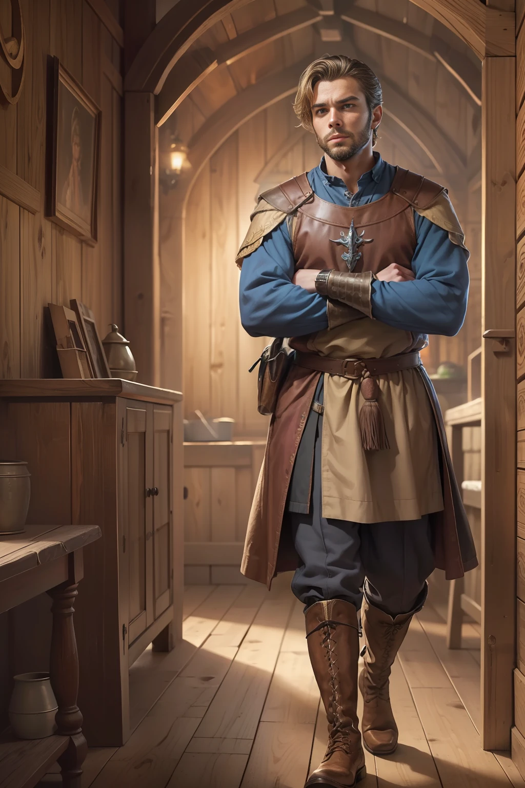 Masterpiece, highly detailed, ultra-realistic, detailed background,
beautiful face, beautiful eyes, medieval style,
(dark wooden inn room),
(Handsome man standing leaning against the wall with arms crossed), (full body), (boots)
