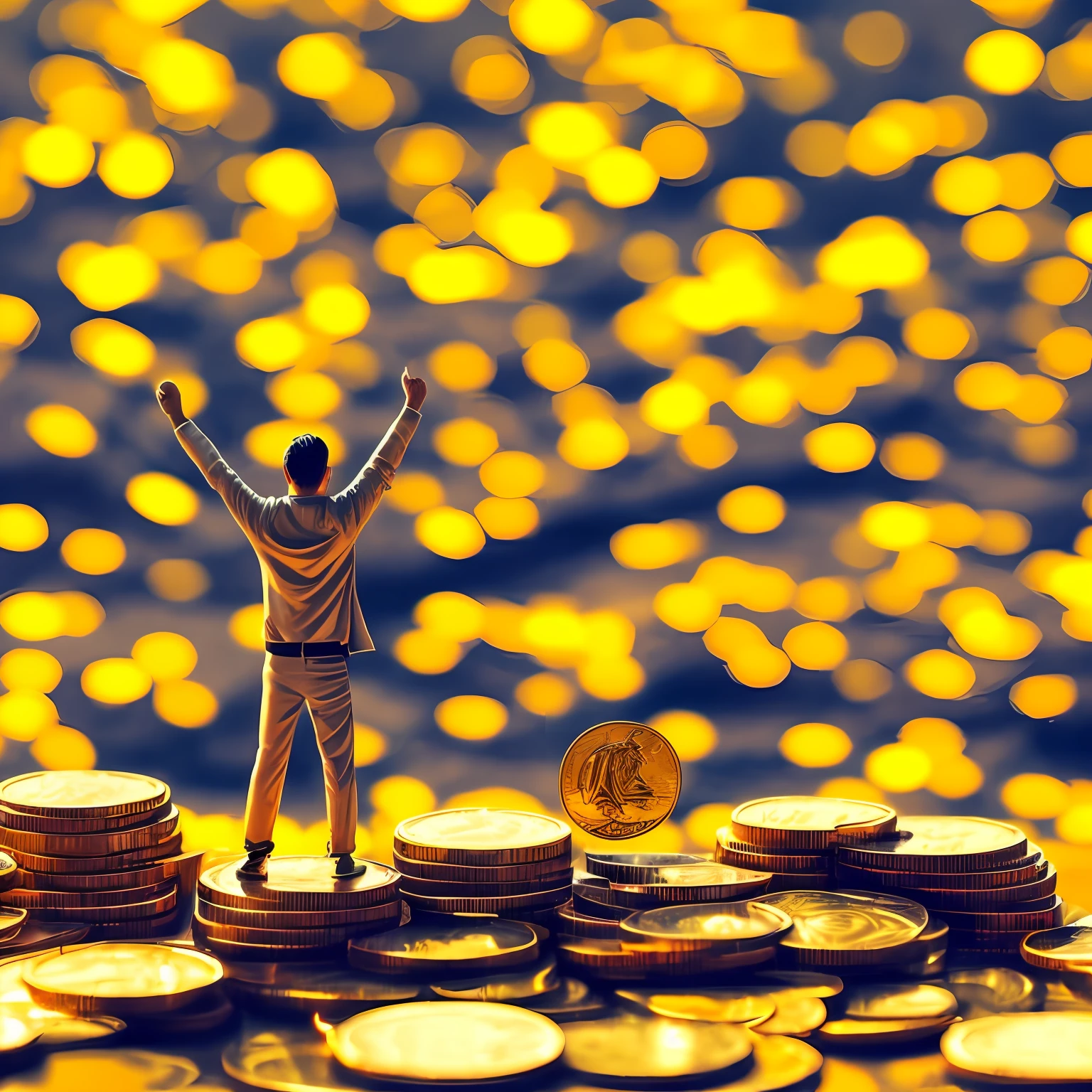 The image shows a person on top of a mountain, with open arms, sunny sky all around. It represents achievement, trust and financial freedom. In the background, there are diverse landscapes. Dollar signs and bills of money float in the air, symbolizing prosperity. Inspirational message in the bottom corner. The image conveys empowerment and satisfaction of financial independence. --auto