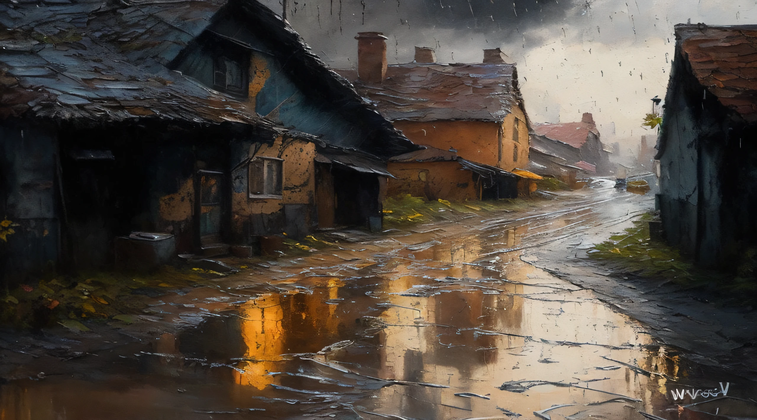 painting of a rainy street with houses and a puddle of water, extremly detailed oil painting, detailed 4 k oil painting, 8 k hd detailed oil painting, detailed 4 k painting, wadim kashin. ultra realistic, beautiful oil matte painting, extremely detailed oil painting, very detailed oil painting, high detailed oil painting, by Wojciech Weiss