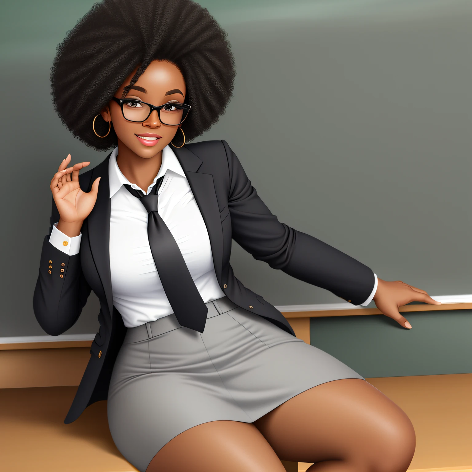 sexy ass black america female teacher, class room setting next to green chalk board. Wearing glasses and her hair in an afro. realistic as possible 8k,  color palet. color correct too. bokeh --auto