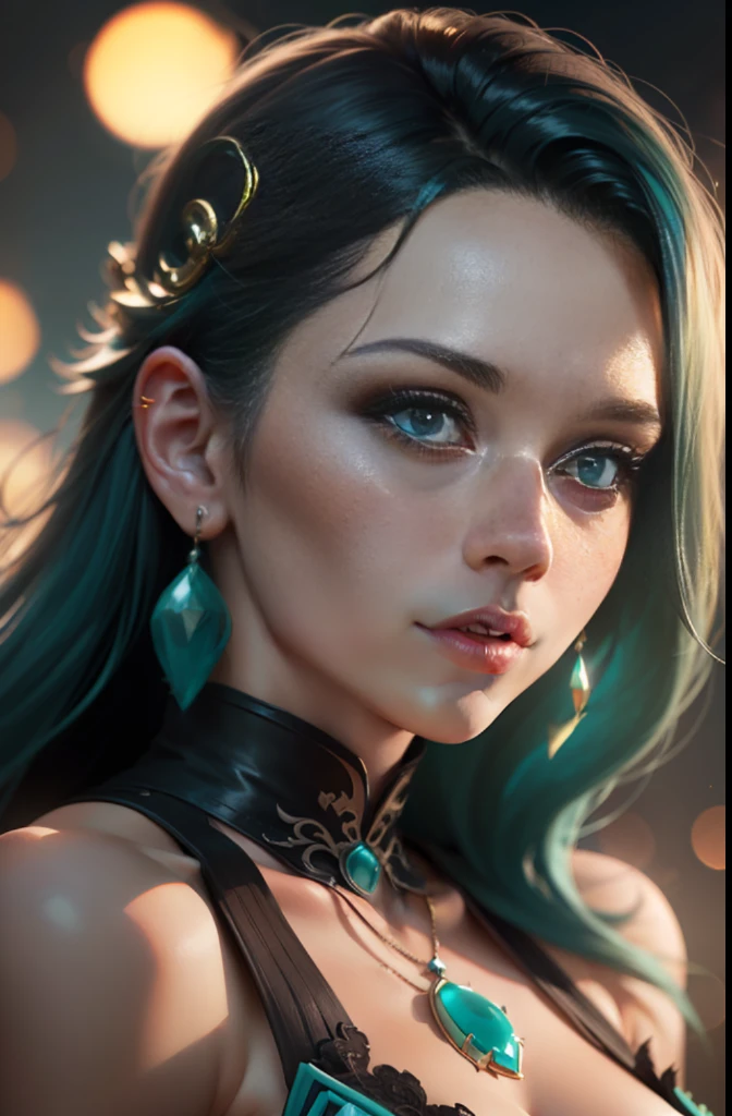 hyper realistic, ultra detailed photograph of a barbarian woman, ((Jade ocean:1.25)), golden jewelry, shiny, sunlight fractal details, (Anna Steinbauer:1.5), depth of field, HOF, hall of fame, detailed gorgeous face, apocalyptic environment, natural body posture, professional photographer, captured with professional DSLR camera, trending on Artstation, 64k, ultra detailed, ultra accurate detailed, bokeh lighting, surrealism, Thomas Kinkade background, urban, ultra unreal engine, ((Pauline Voß)), ((Pascal Quidault)), ((Anna Helme)), Martina Fackova, intricate, epic, freckles, peach fuzz, detailed mascara