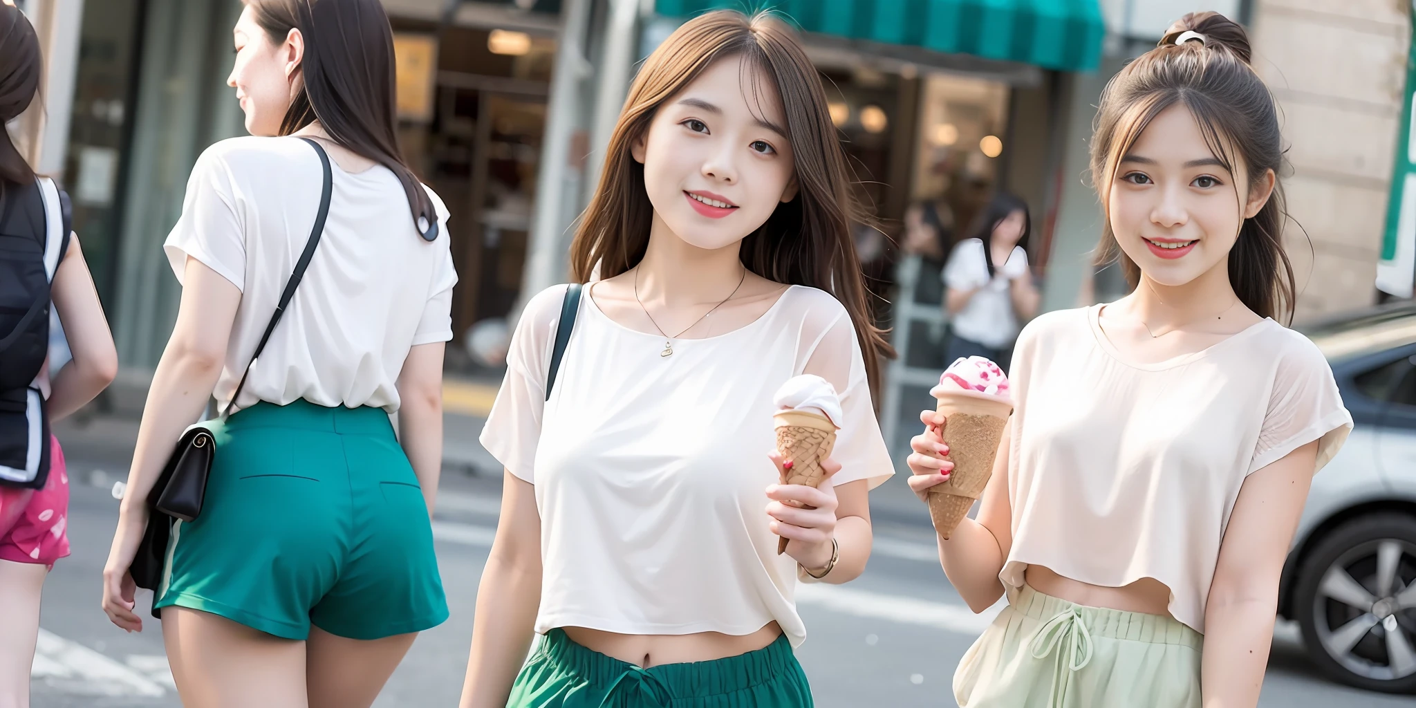 There was only one girl, no friends around, in the bustling commercial street, wearing a white top, green shorts, holding ice cream, looking at me with a smile