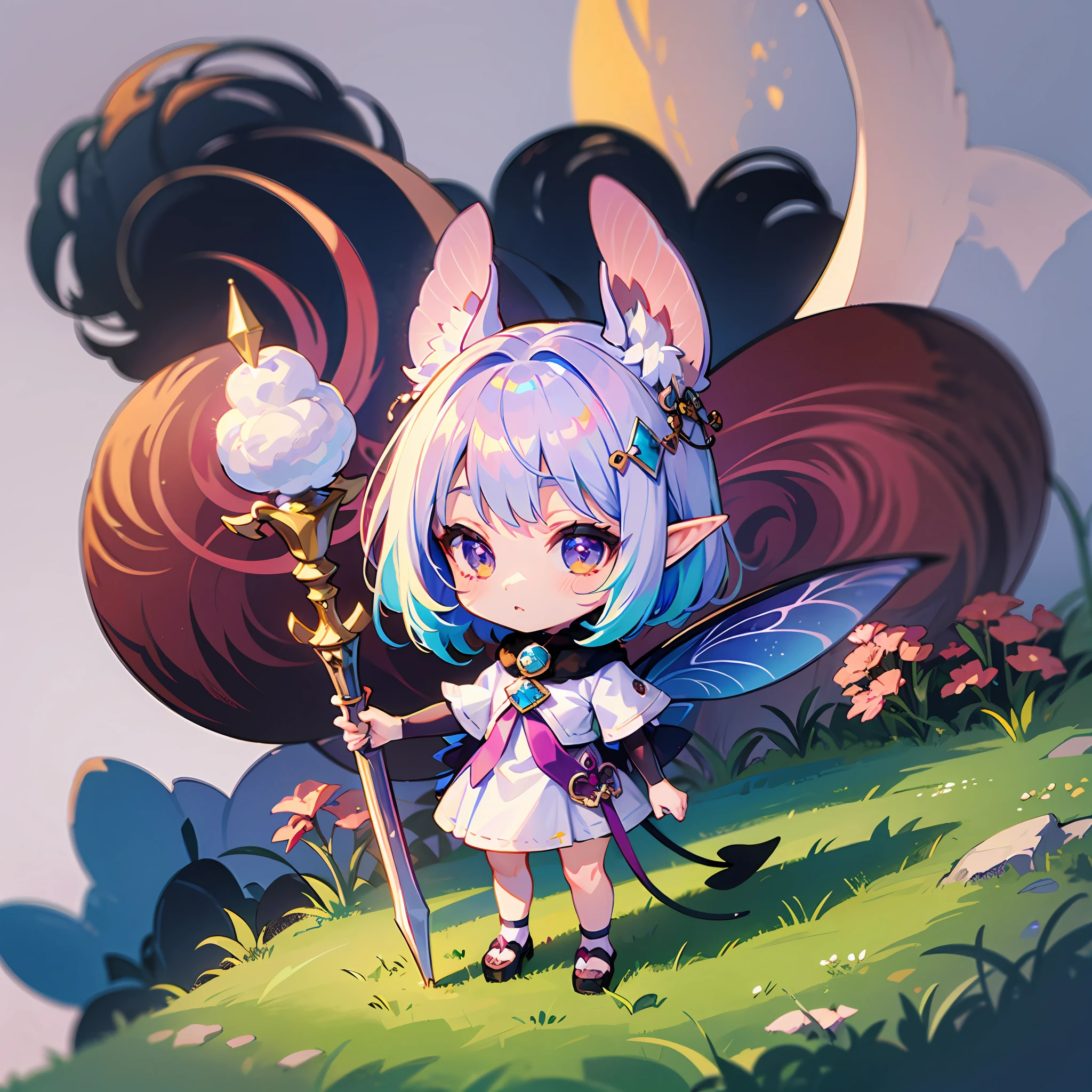 ((Sticker: 1.5))), ((Chibi Chara)), (White Background), Fluffy, Girl, Elf, Elf Costume, With Wand, Fairy Pose, Chibi Chara, Full Body, Pastel Hair, Fairy Tale, Fantastic, Rainbow, T-Shirt Design, Masterpiece, Best Quality, 16k, Demon Forest