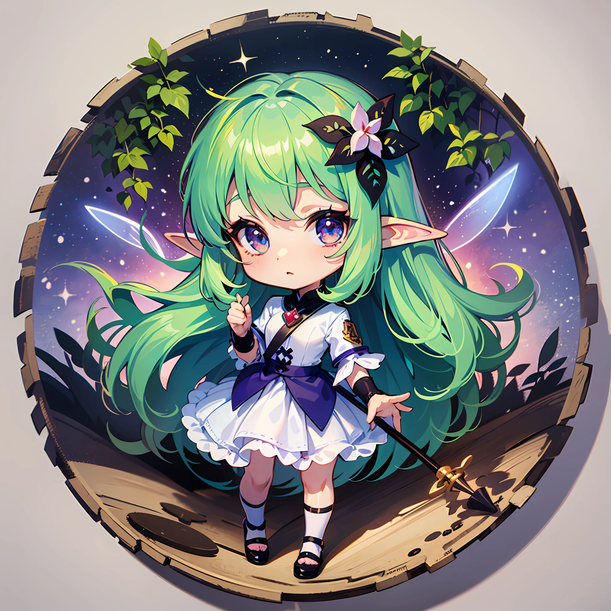 ((Sticker: 1.5))), ((Chibi Chara)), (White Background), Fluffy, Girl, Elf, Elf Costume, With Wand, Fairy Pose, Chibi Chara, Full Body, Pastel Hair, Fairy Tale, Fantastic, Rainbow, T-Shirt Design, Masterpiece, Best Quality, 16k, Demon Forest