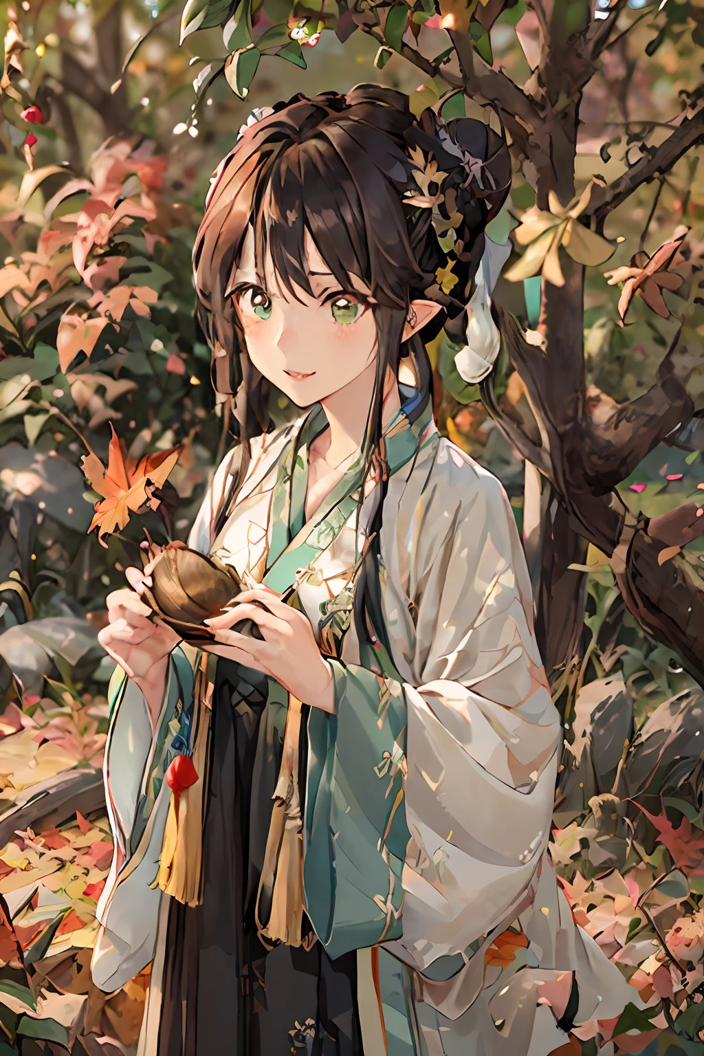 Masterpiece, Superb Quality, Extremely Detailed, Detailed Background, Detailed Face, Anime, Illustrations, 1girl, (White Hair, Bun, Super Long Hair, Wavy Hair, Messy Hair: 1.3), Green Eyes, Pointy Ears, Parted Lips, Smile, Blush, Light, Sunlight, Glow, Shiny, Blouse, Tunic, Shawl, Chest Poem, Upper Body, Tang Costume, Jump, Children, Little Girl, Hanfu, Tang Feng, Englai Wonderland, Chinese Mythology, Colorful Auspicious Clouds, Autumn, Autumn Leaves, Falling Leaves, holding_leaf, leaf, leaf background, leaf hair ornament, maple leaf, aki_shizuha, leaf print, starfish, angry vein, ginkgo biloba leaf, overhead leaf, angry vein, tree, waterfall, sweet potato, dragonfly, acorn, solo, braid, blurred foreground, 1girl, daytime, painting, depth of field, blur, long hair, branches, hair decoration, leaves in the wind, forest, outdoors, nature, campfire, shirt, looking at _at_viewer, hot spring,