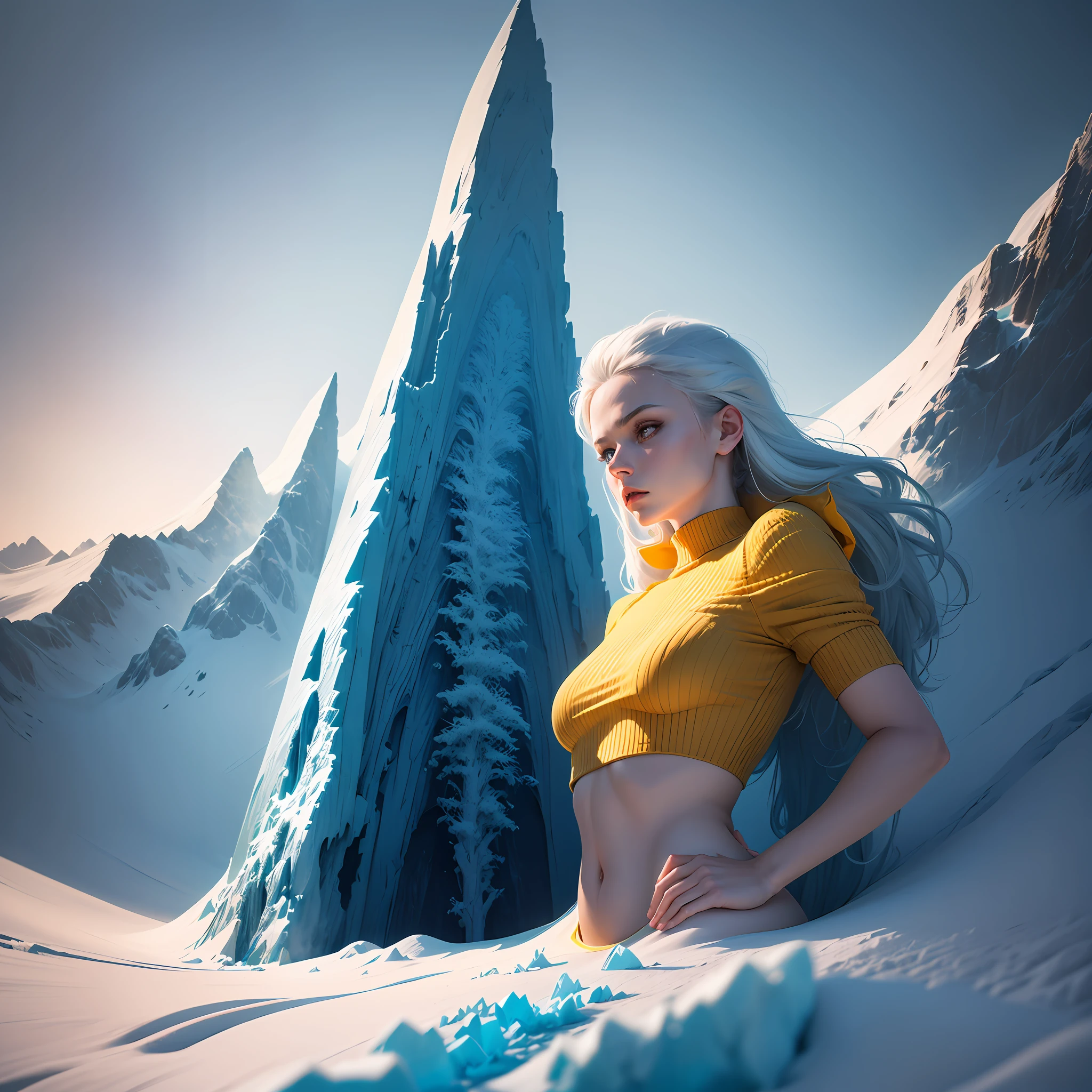 a Woman in the surreal dream landscape, Risograph Style, surreal frozen landscape, low angle view, blue and yellow tones, Bertil Nilsson, V Magazine, disdain, Snowy mountain, Natural Lighting, fashion moodboard, glowing light, motion lines, retina, award winning --auto
