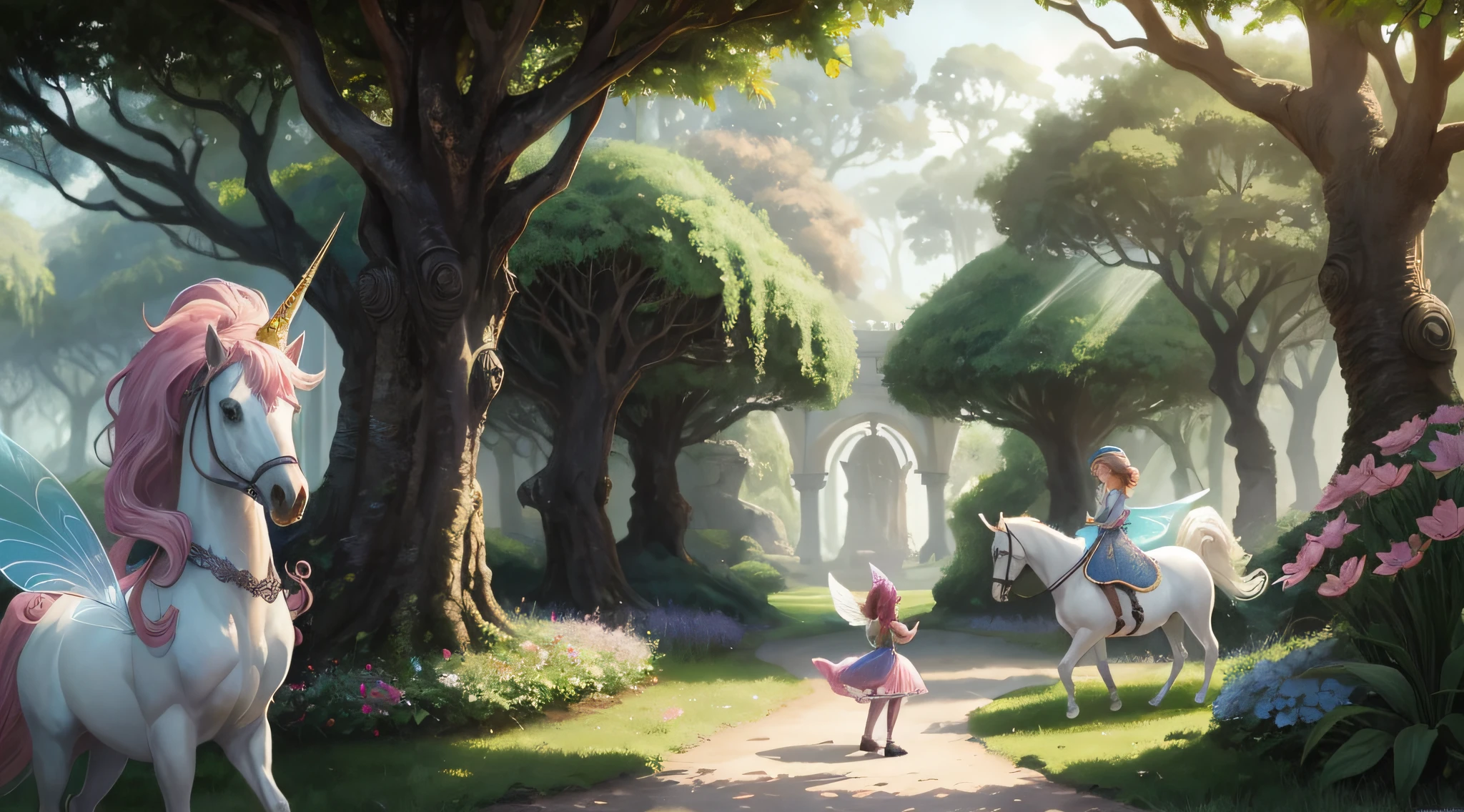 there are two little girls riding horses in a park, childrens art in artstation, beautiful render of a fairytale, fantasy matte painting,cute, disney concept art, fantasy art behance, fairytale artwork, background art, magical concept art, whimsical fantasy landscape art, by Alexander Kucharsky, concept art scene, background artwork, a beautiful artwork illustration
