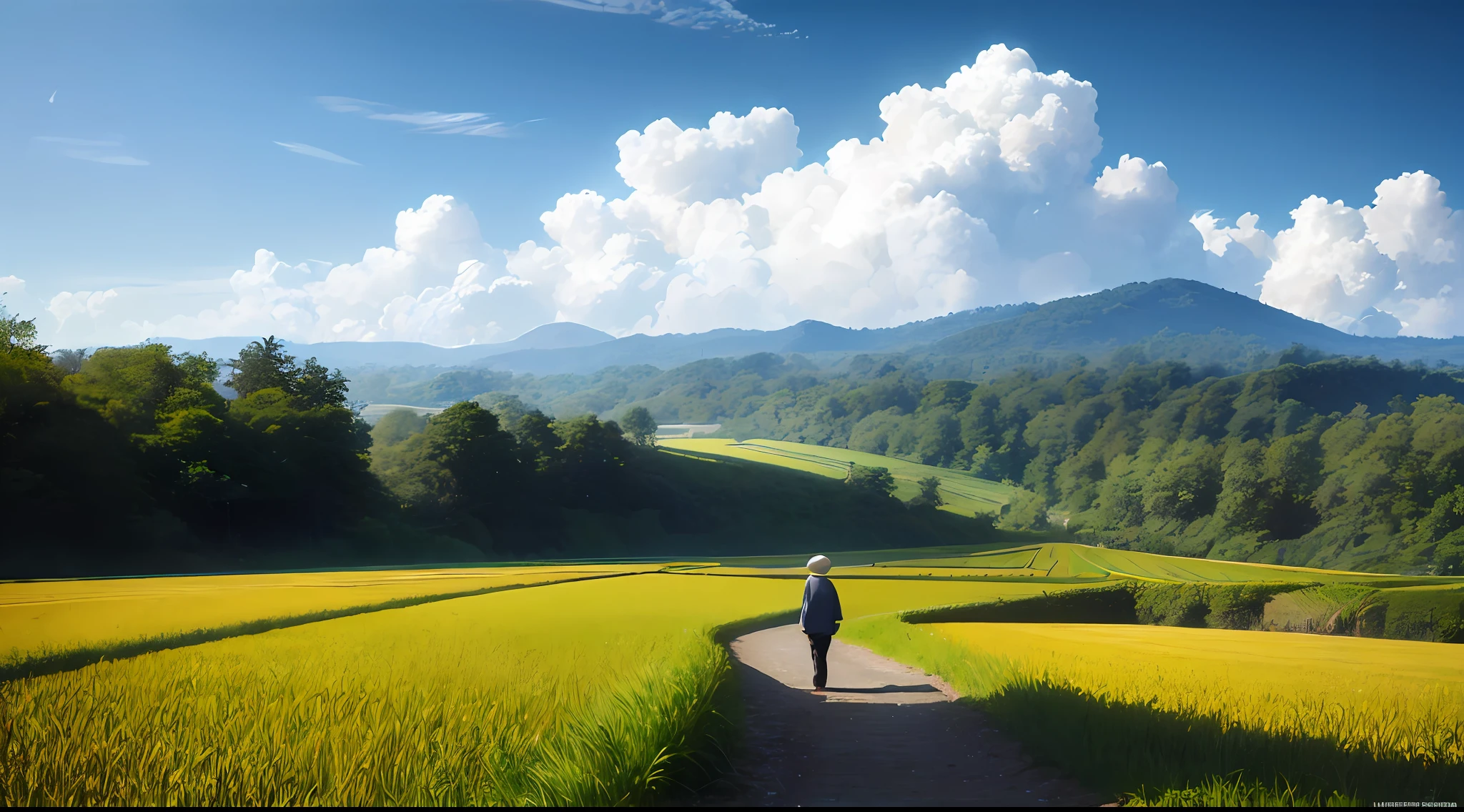 An old farmer carrying a flat burden, walking on the winding path of the countryside, big clouds, blue sky, rice fields, neat rice seedlings in the field, forest, hillside, secluded, countryside, HD detail, hyper-detail, cinematic, surrealism, soft light, deep field focus bokeh, ray tracing and surrealism. --v6
