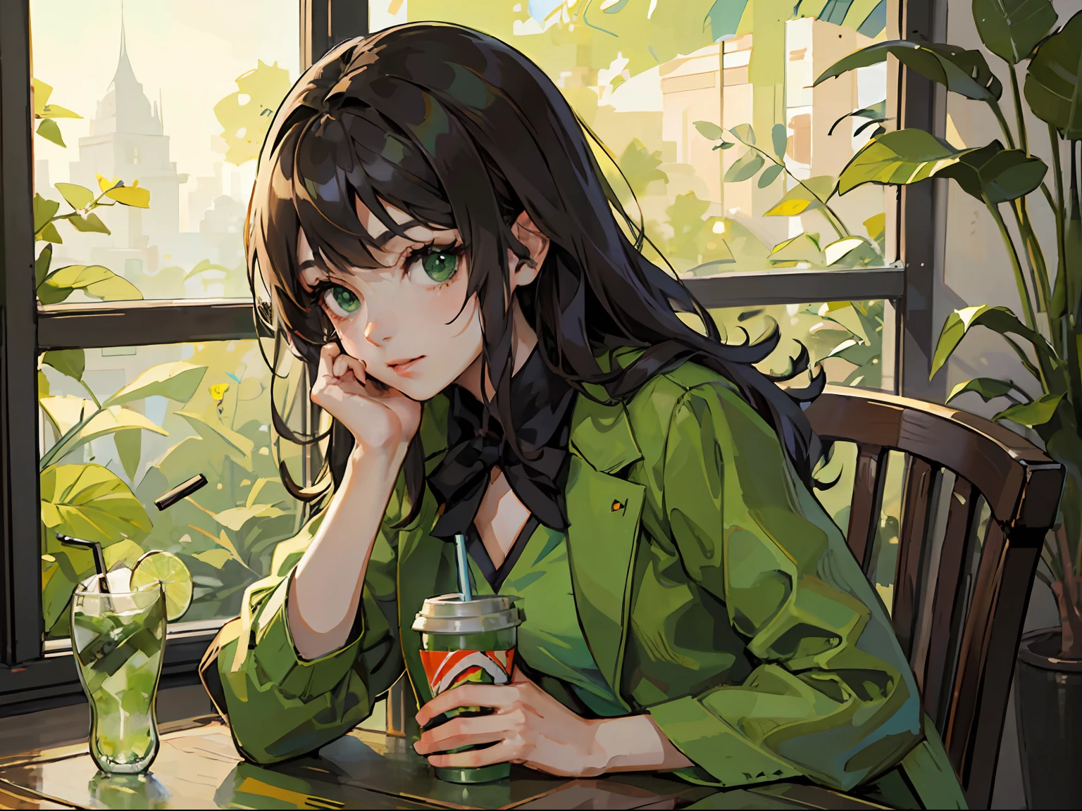 there is a woman sitting at a table with a cup of green tea, ulzzang, anime girl drinks energy drink, 🍸🍋, anime girl in real life, trending at cgstation, wearing green clothing, cutecore, loputyn and matcha, shikamimi, green clothes, anime thai girl, sha xi, trending on cgstation --auto