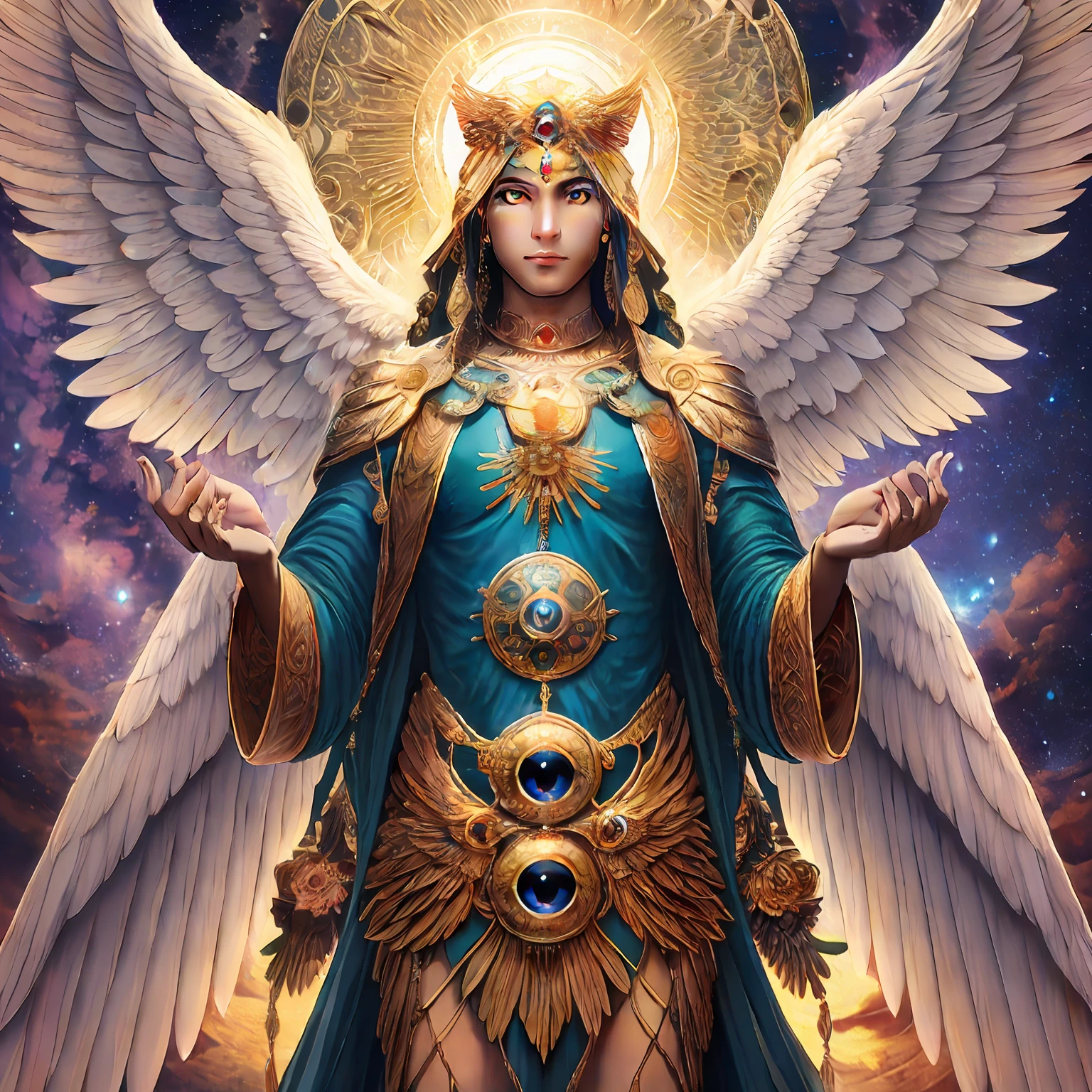(male celestial beings) had six wings ((full of eyes)), both around and under the wings, four faces, and four wings.