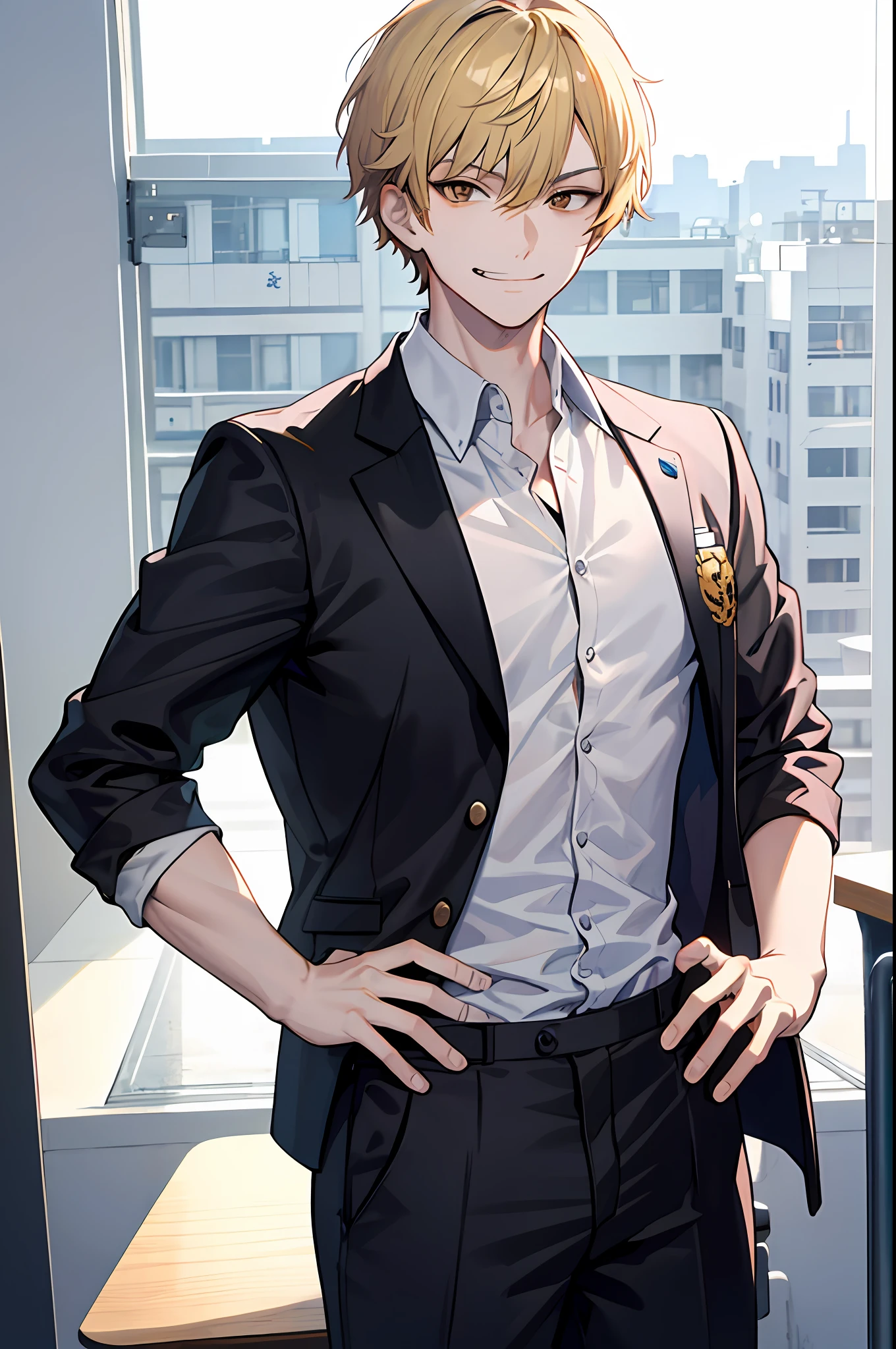 masterpiece, best quality, 1man, short hair, comma hair, handsome student, solo, trendy, ash blond hair, brown eyes, lean body, tall body, skinny, masculine, alpha male, clean shaven face, broad shoulders, tiny waist, modern, man wears korean school uniform, sophisticated uniform, student council badge, specs, half body shot, CG 8k, high school student, smirking, perfect anatomy, correct limbs, looking at viewer, in school classroom, Seoul, south korea, korean