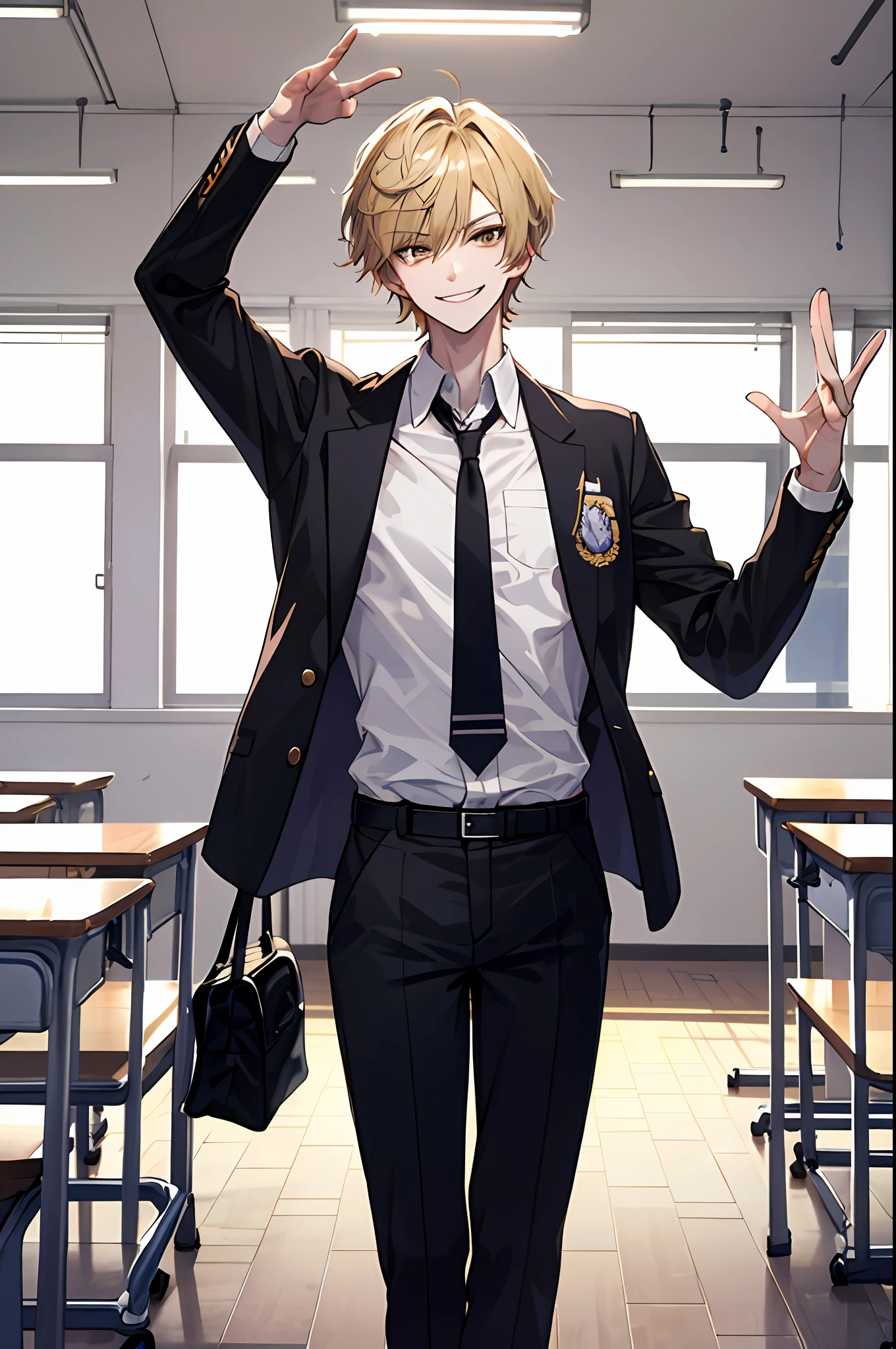 masterpiece, best quality, 1man, short hair, comma hair, handsome student, solo, trendy, ash blond hair, brown eyes, lean body, tall body, skinny, masculine, alpha male, clean shaven face, broad shoulders, tiny waist, modern, man wears korean school uniform, sophisticated uniform, student council badge, specs, half body shot, CG 8k, high school student, smirking, perfect anatomy, correct limbs, looking at viewer, in school classroom, Seoul, south korea, korean