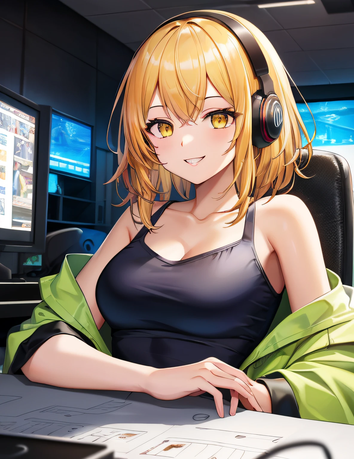 Model Shooting Style, (Masterpiece:1.3), (Absurdity:1.3), (Best Quality:1.3), (8K), (Masterpiece Digital Art), (Detailed Manga Illustration), (Handle Hair), Perfect Anatomy, (Complex Detail:1.3), (Super Detail:1.3), (Illustration:1.3), (Sharp Focus:1.3), (Vibrant Color:1.3), 1 Girl, Solo, (Yellow Hair), Yellow eyes, floating hair, medium breast, simple loungewear, sleeveless, jacket falling off shoulders, smile, game room, dark room, during pc gameplay, headphones, sitting in a chair,