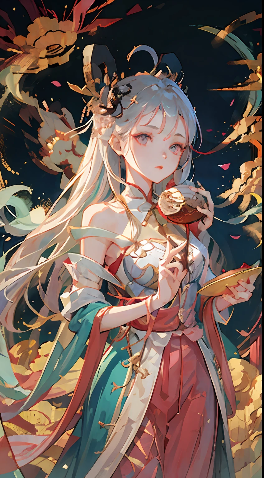 1 girl, solo, immortal, flowing clothes, white clothes, dunhuang_dress, pink pattern, detailed clothes, dunhuang_style, beautiful face, white hair, long hair, pink eyes, dunhuang_fan, englai wonderland, chinese mythology, colorful auspicious clouds, cowboy shot, detailed background, dunhuang_background