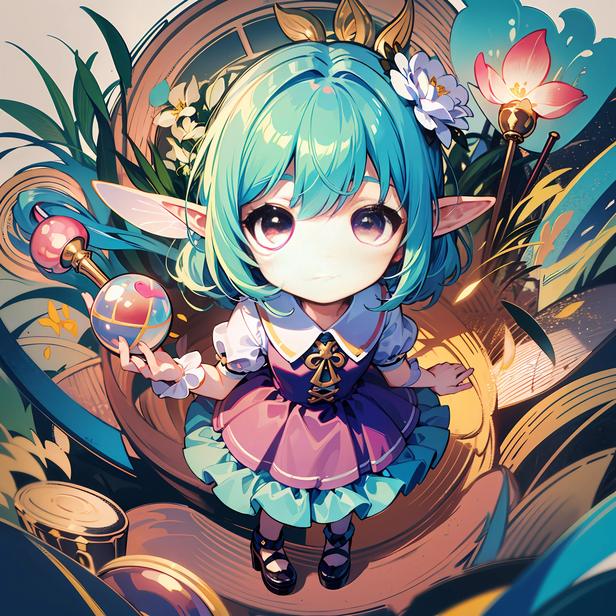 ((Sticker: 1.5))), ((Chibi Chara)), (White Background), Fluffy, Girl, Elf, Elf Costume, With Wand, Fairy Pose, Chibi Chara, Full Body, Pastel Hair, Fairy Tale, Fantastic, Rainbow, T-Shirt Design, Masterpiece, Best Quality, 16k, Demon Forest