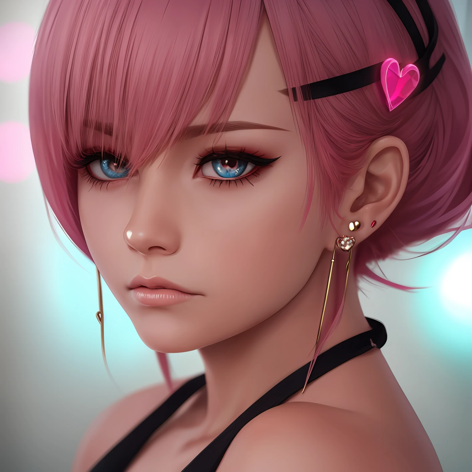 3:4, pink hair, hairpin, mole under eye, heart-shaped pupils, heart earrings, angry, shy, from side, bokeh, cinematic lighting, Social realism, 8k --auto