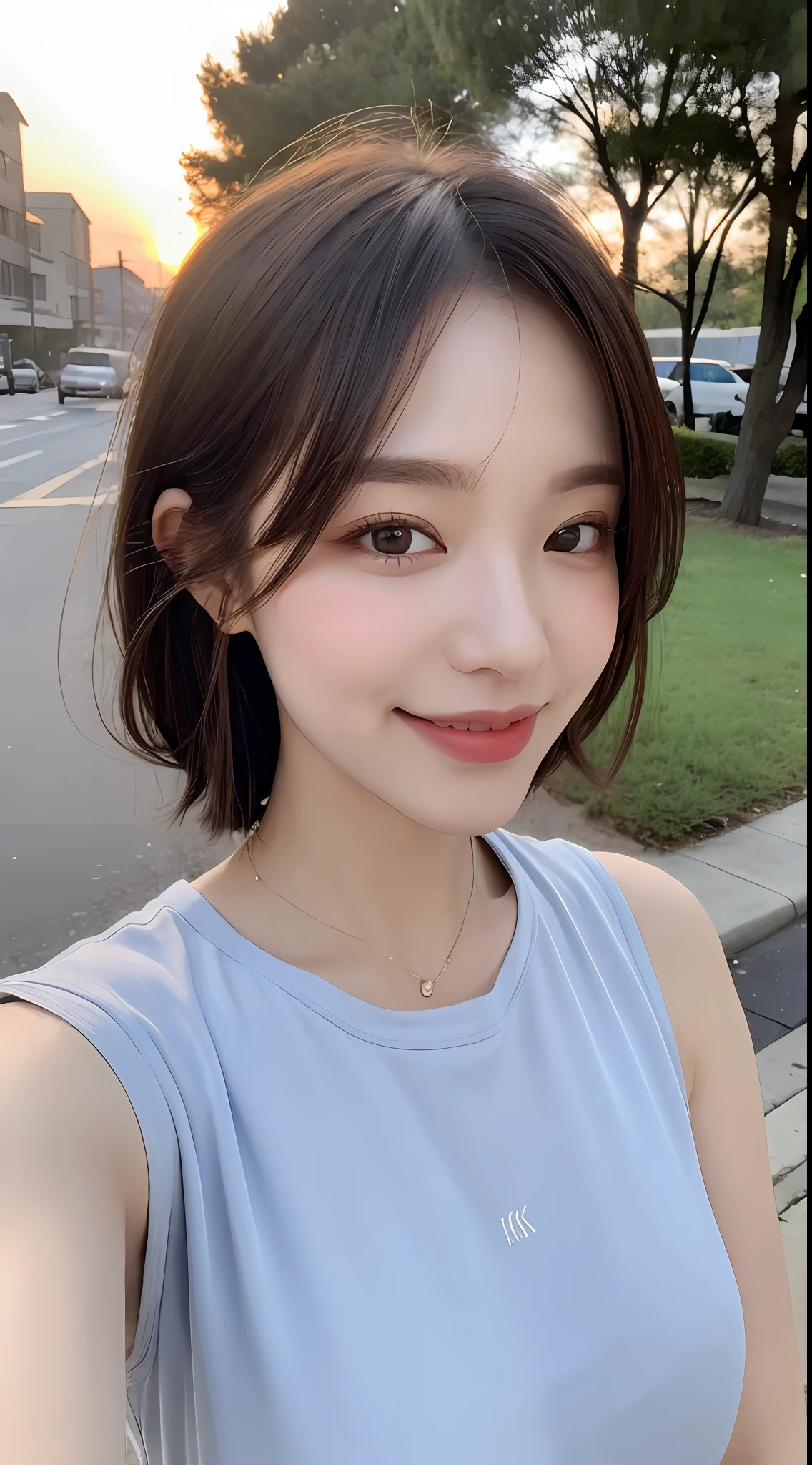 ((Top Quality, 8K, Masterpiece: 1.3)), Focus: 1.2, Perfect Beauty: 1.4, Astock: 1.2, ((Layered Hairstyle, Breasts: 1.2)), (Wet Clothes: 1.1), (Sunset, Street: 1.3), Halfway Flower Dress: 1.1, Highly Detailed Face and Skin Texture, Narrow Eyes, Double Eyelids, Whitening Skin, Long Hair, (Shut Up: 1.3), Smile, Beauty Unreal