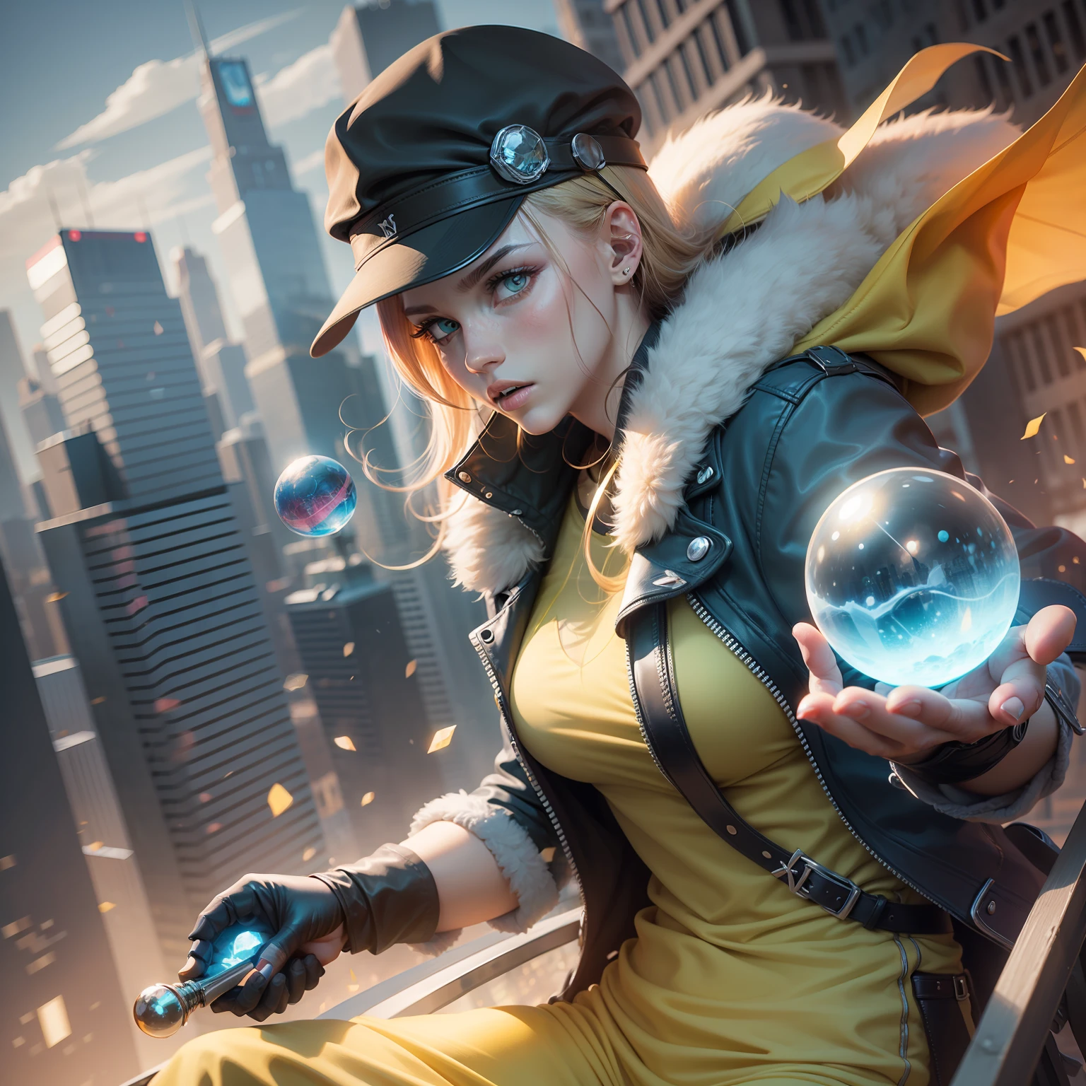 Rorschach-style character wearing yellow clothing holding a crystal ball emanating blue light epic scene and blurred city scenery