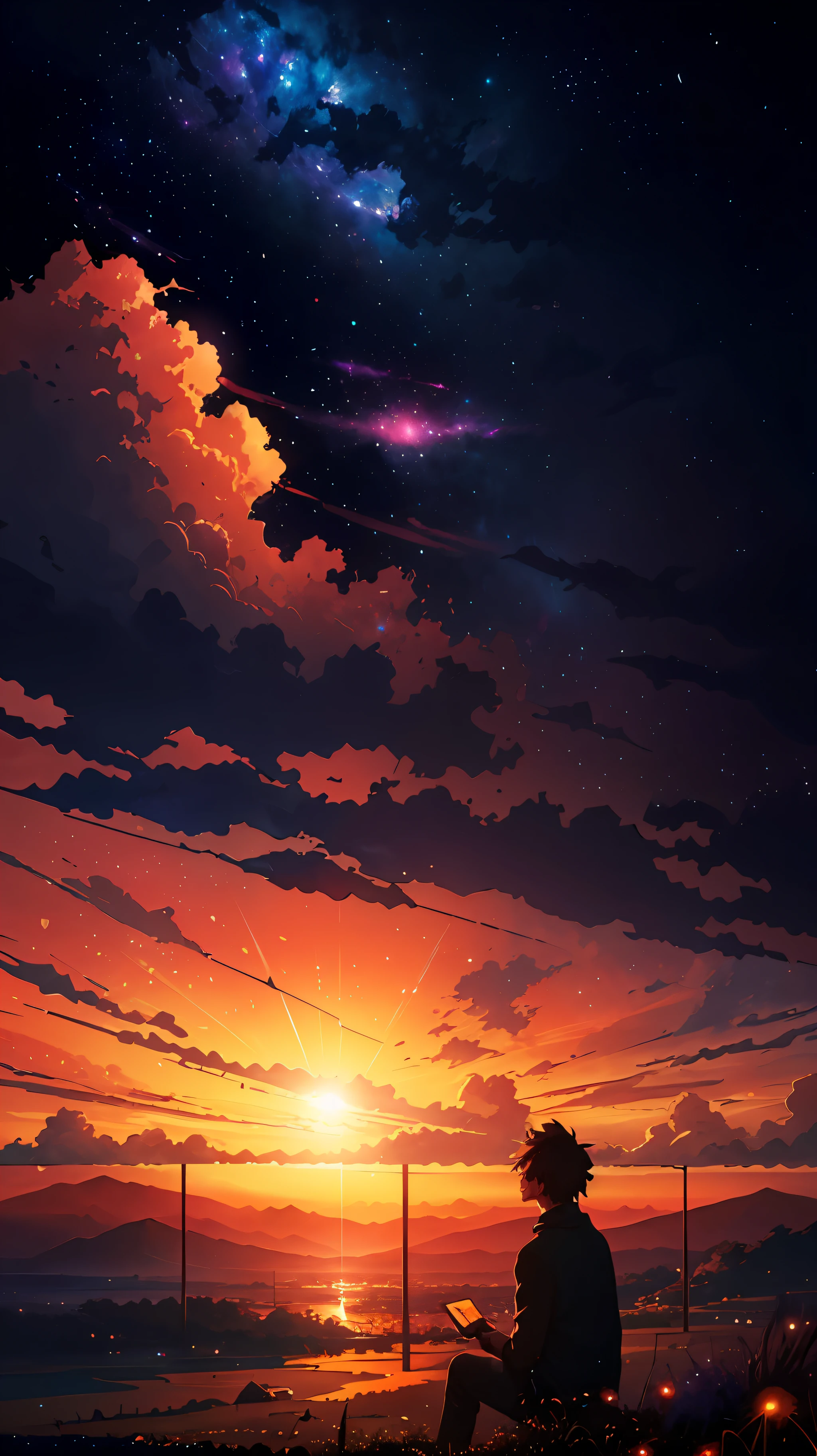 anime, man sitting on grass, watching the stars, digital art, makoto shinkai cyril rolando, sitting on the cosmic cloudscape, anime beautiful peace scene, background artwork, anime background art, cosmic skies. by makoto shinkai, anime countryside landscape, watching the sun set. anime, anime landscape wallpaper, anime art wallpaper 8 k, by RHADS