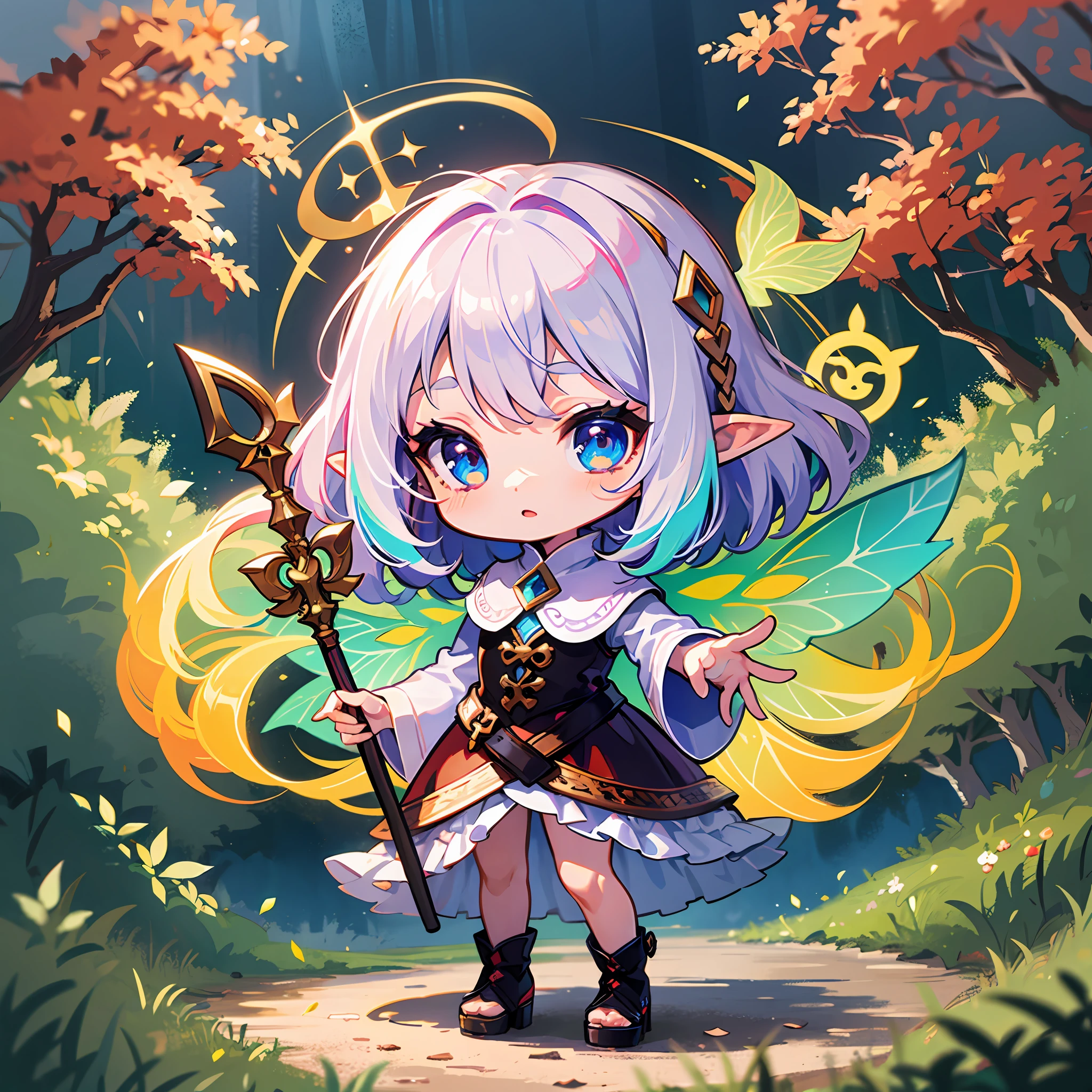 ((Sticker: 1.5))), ((Chibi Chara)), (White Background), Fluffy, Girl, Elf, Elf Costume, With Wand, Fairy Pose, Chibi Chara, Full Body, Pastel Hair, Fairy Tale, Fantastic, Rainbow, T-Shirt Design, Masterpiece, Best Quality, 16k, Demon Forest
