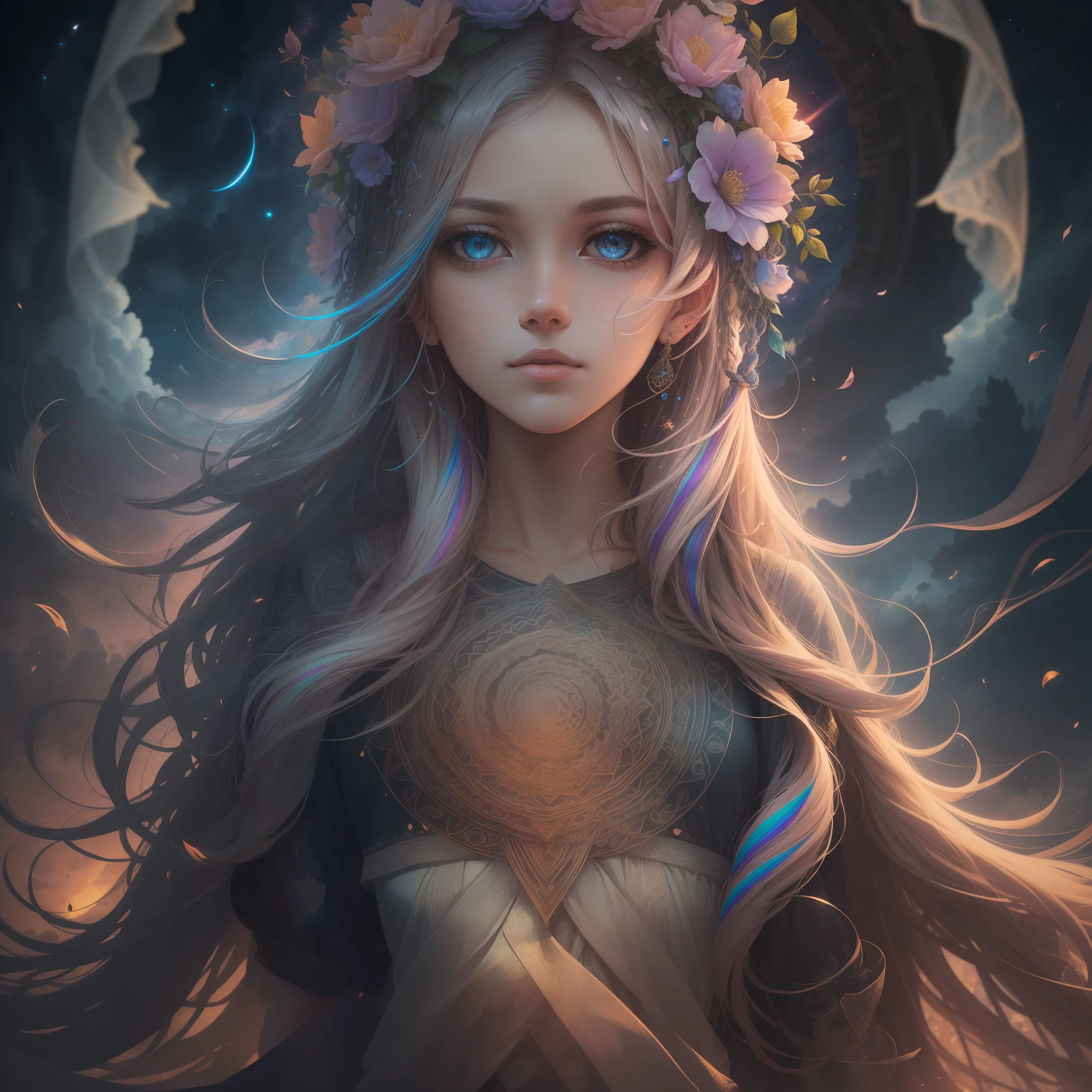 (masterpiece, best quality, ultra-detailed, highres, best illustration), priestess, two-tone hair, long hair, rainbow sky, flowers, side lighting, glossy skin, (brightness), (bright skin, skeptical elements, Nordic heritage), ray tracing, shirt, windswept hair, detailed hair, detailed face, depth_of_field, very detailed background, extreme light and shadow, (detailed eyes), perfect anatomy, (zentangle, mandala, tangle, entangle), dynamic angle, wide shot, upper body, city landscape, extreme light and shadow, night sky