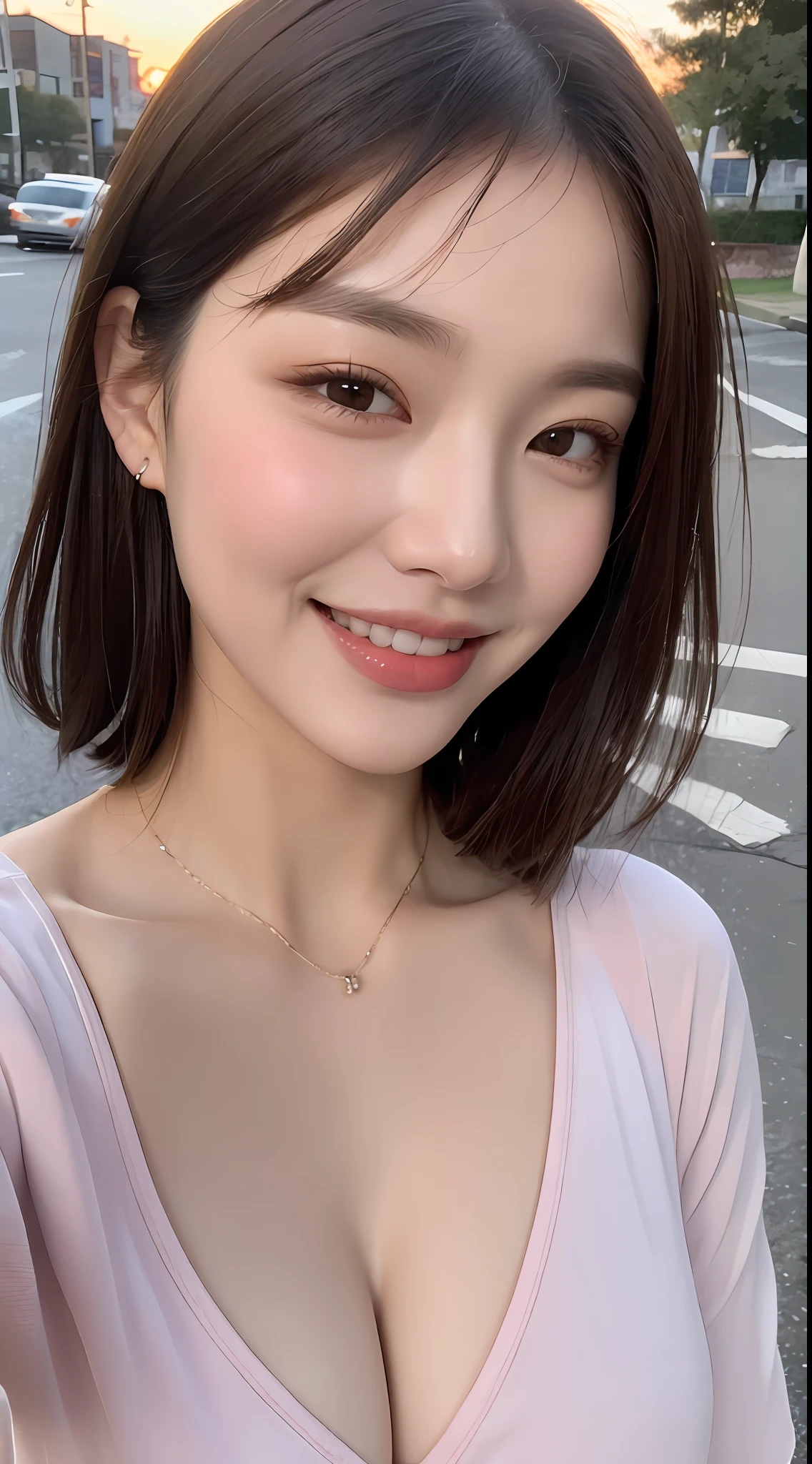 ((Top Quality, 8K, Masterpiece: 1.3)), Focus: 1.2, Perfect Beauty: 1.4, Astock: 1.2, ((Layered Hairstyle, Breasts: 1.2)), (Wet Clothes: 1.1), (Sunset, Street: 1.3), Halfway Flower Dress: 1.1, Highly Detailed Face and Skin Texture, Narrow Eyes, Double Eyelids, Whitening Skin, Long Hair, (Shut Up: 1.3), Smile, Beauty Unreal