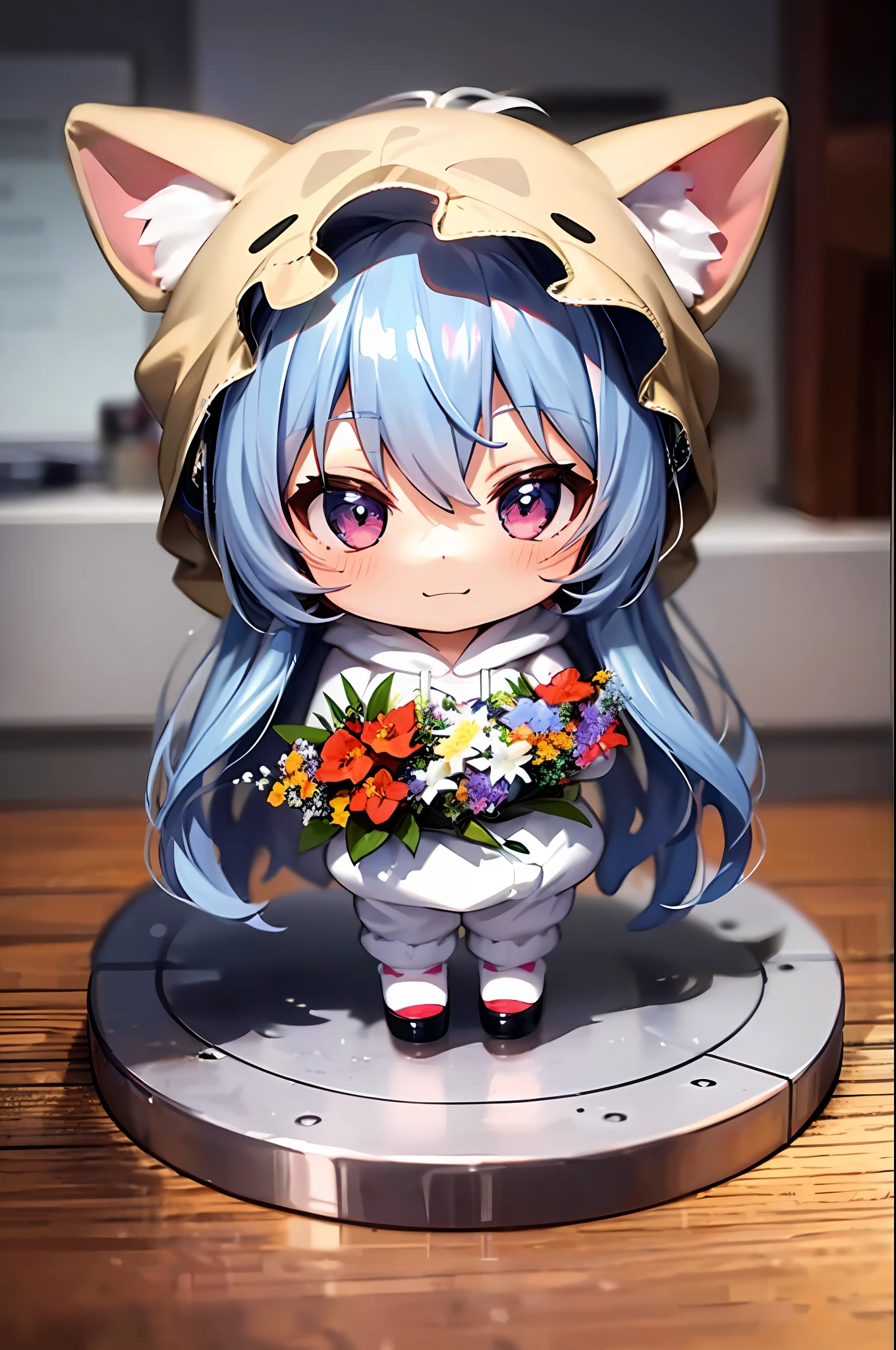 (Chibi: 1.3), happy, (holding a bouquet), full body, (Kigurumi), indoors, on the table, (Nendoroid),