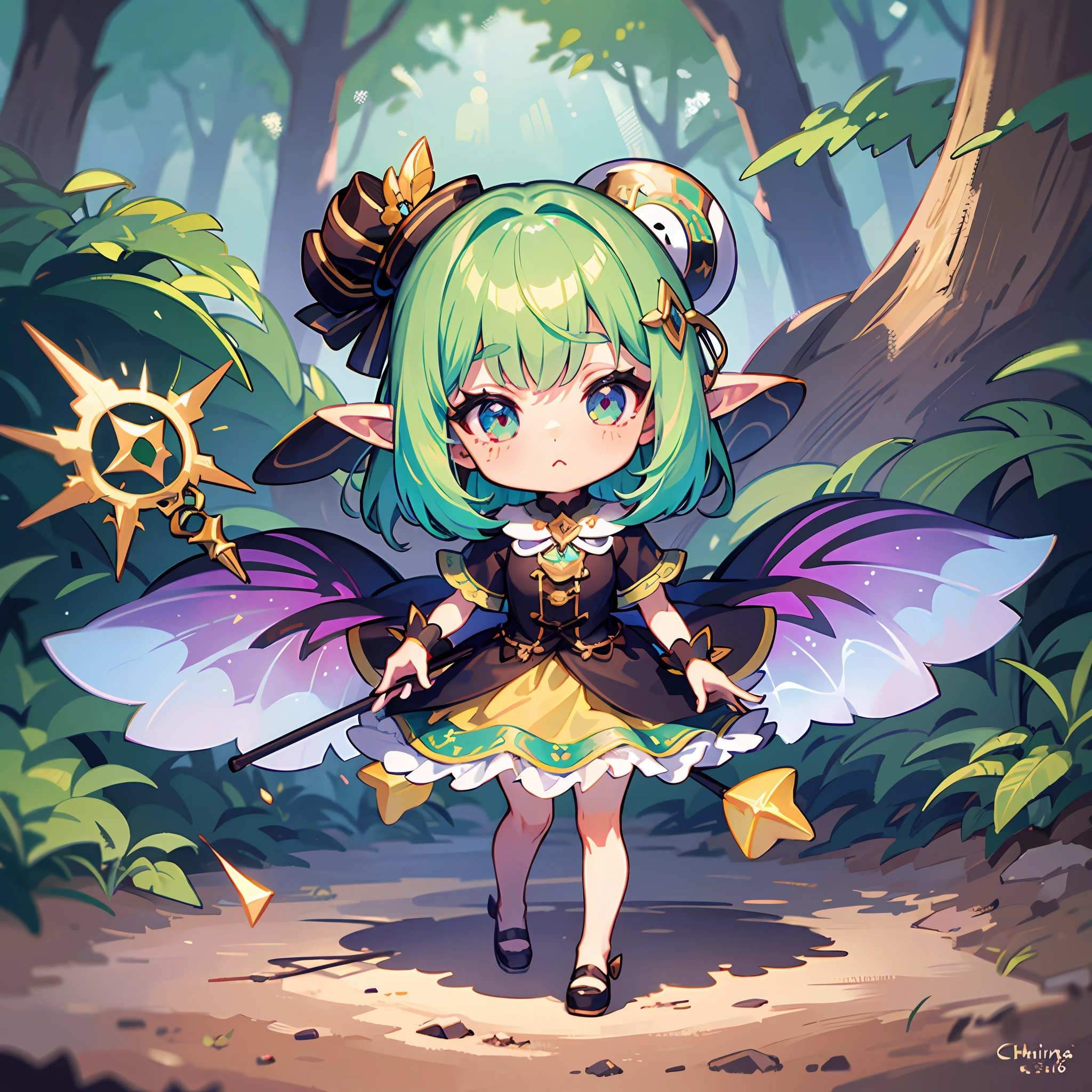 ((Sticker: 1.5))), ((Chibi Chara)), (White Background), Fluffy, Girl, Elf, Elf Costume, With Wand, Fairy Pose, Chibi Chara, Full Body, Pastel Hair, Fairy Tale, Fantastic, Rainbow, T-Shirt Design, Masterpiece, Best Quality, 16k, Demon Forest