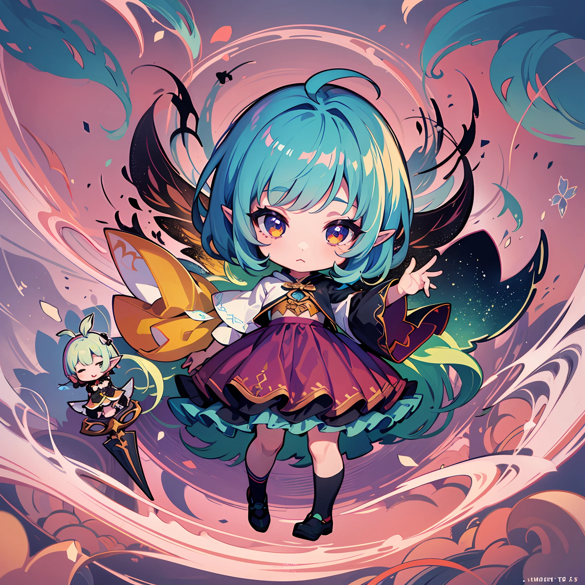 ((Sticker: 1.5))), ((Chibi Chara)), (White Background), Fluffy, Girl, Elf, Elf Costume, With Wand, Fairy Pose, Chibi Chara, Full Body, Pastel Hair, Fairy Tale, Fantastic, Rainbow, T-Shirt Design, Masterpiece, Best Quality, 16k, Demon Forest