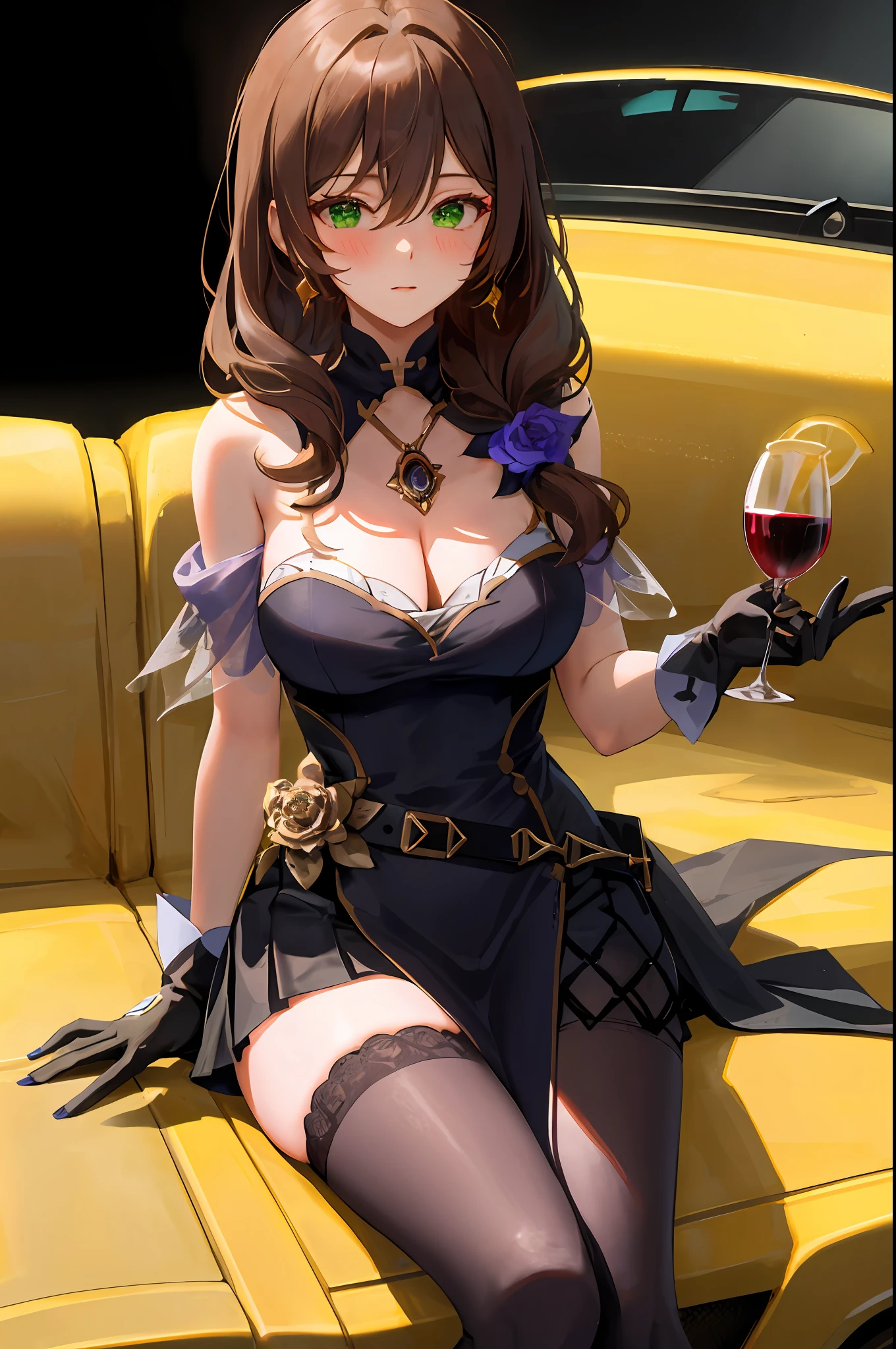Lisa , genshin impact, 1girl, alcohol, alternate costume, armlet, bare shoulders, black background, black dress, black gloves, black thighhighs, breasts, cleavage, criss-cross halter, cup, dress, black pleated skirt, drinking glass, flower, gloves, car seat, inside car, sitting in car, hair between eyes, halterneck, holding, holding cup, jewelry, large breasts, long hair, looking at viewer, necklace, brown hair, red short nails, green eyes, see-through gloves, solo, thighhighs, thighs, very long hair, wine, wine glass, ((masterpiece)), blush, sexy pose,