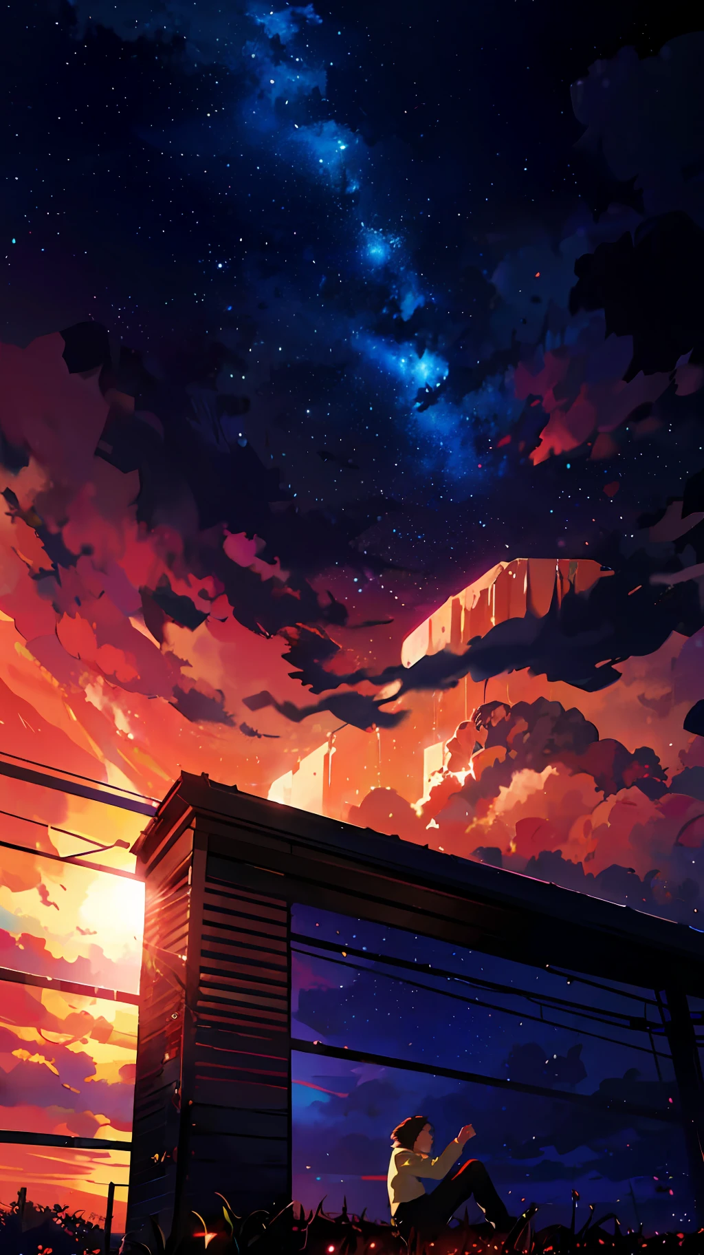 anime, man sitting on grass, watching the stars, digital art, makoto shinkai cyril rolando, sitting on the cosmic cloudscape, anime beautiful peace scene, background artwork, anime background art, cosmic skies. by makoto shinkai, anime countryside landscape, watching the sun set. anime, anime landscape wallpaper, anime art wallpaper 8 k, by RHADS