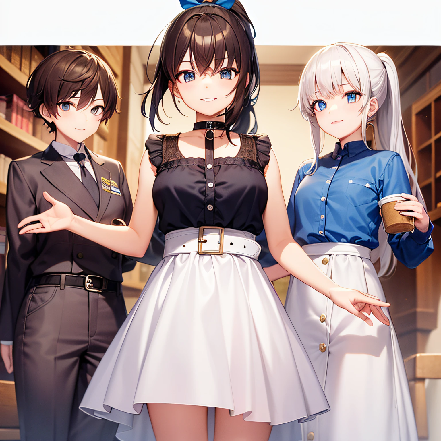 top quality, very delicate and beautiful, girl, 11 years old, (dark brown hair), blue clothes with vertical buttons, belt at the waist, white skirt, (ponytail)), (white hair band), (brown boots), blue eyes, standing, smile,