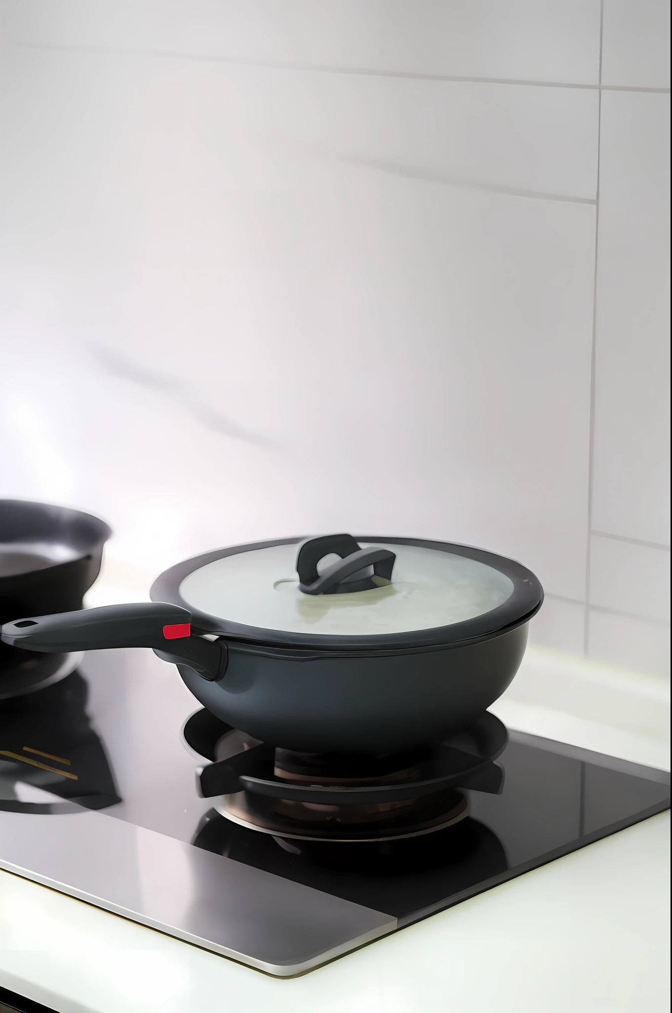 pots and pans on a stove top with a white tiled wall, 王琛, boiling, wok, cooking, pot, steaming food on the stove, great quality, product introduction photo, sha xi, cooked, pots and pans, handsome, qiangshu, chinese, 2 4 mm iso 8 0 0, sichuan, inspired by Gong Kai