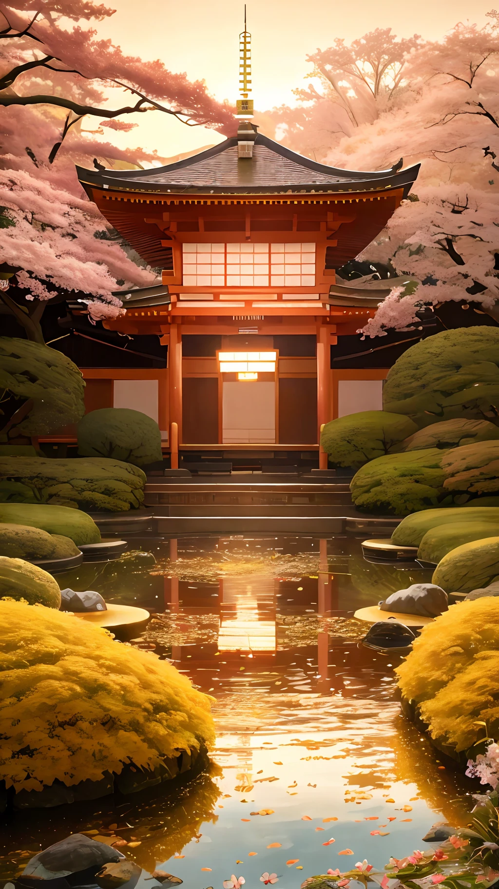 (digital painting),(best quality), serene Japanese garden, cherry blossoms in full bloom, koi pond, footbridge, pagoda, Ukiyo-e art style, Hokusai inspiration, Deviant Art popular, 8k ultra-realistic, pastel color scheme, soft lighting, golden hour, tranquil atmosphere, landscape orientation