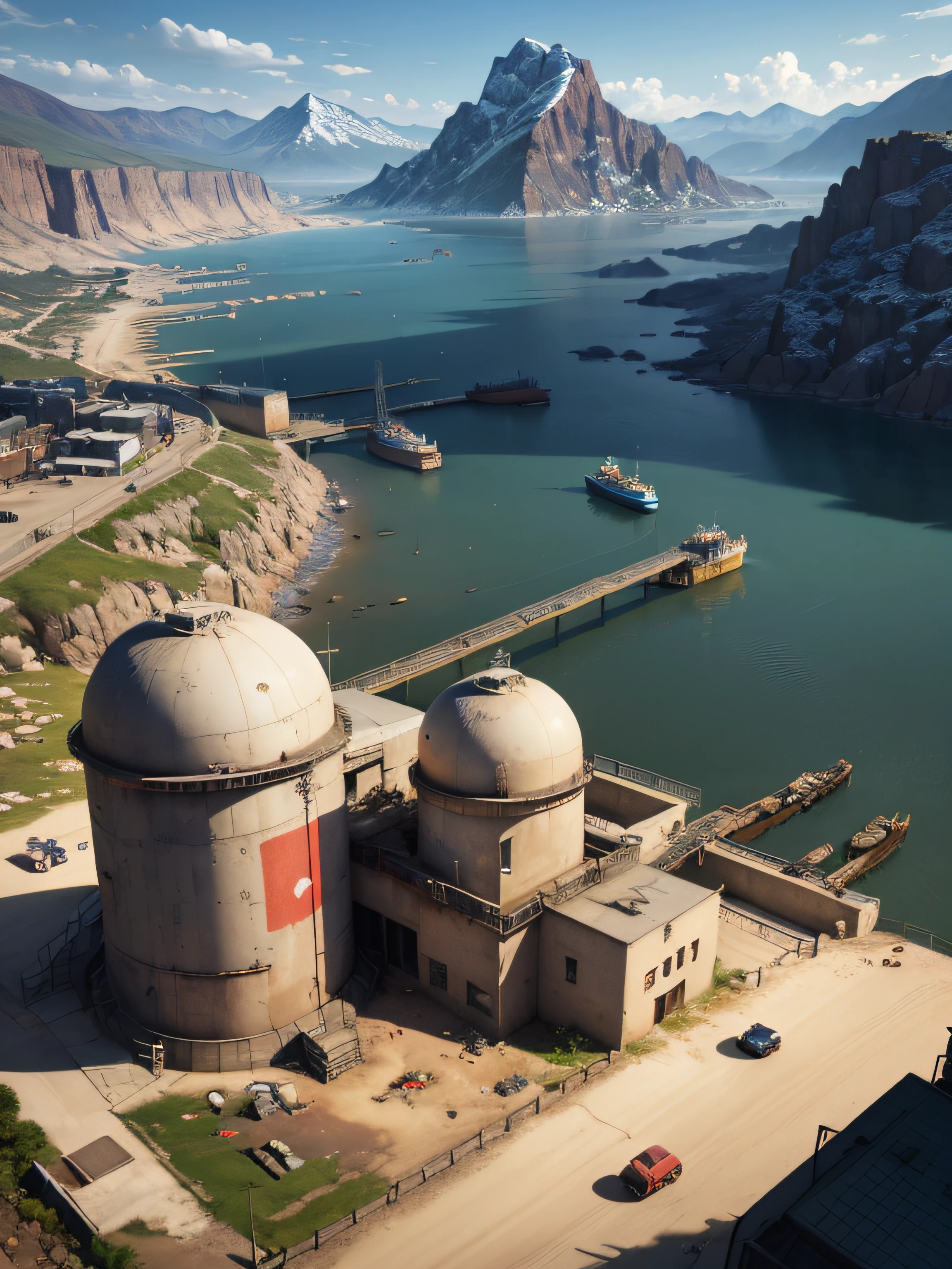 Arafak - Game is a good place with in-game graphics, military harbor, chrome military base, strategy game, post-apocalyptic theme park, post-apocalyptic harbor with lots of oil tanks, gantry crane, mountains in the background