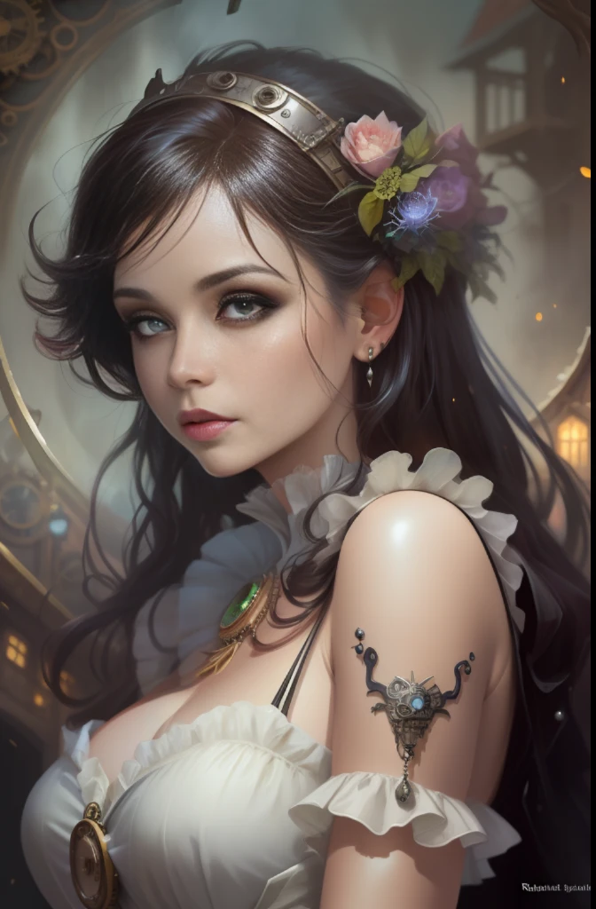 art by Ralph Horsley and mandy disher steampunk half Body Lady with Bones, spiderweb, skull, gemstone watercolor painting, Jean-Baptiste Monge style, bright, beautiful in spring, splash, big perfect eyes, rim lighting, lights, magic, fantasy, digital art, wlop, artgerm and james jean