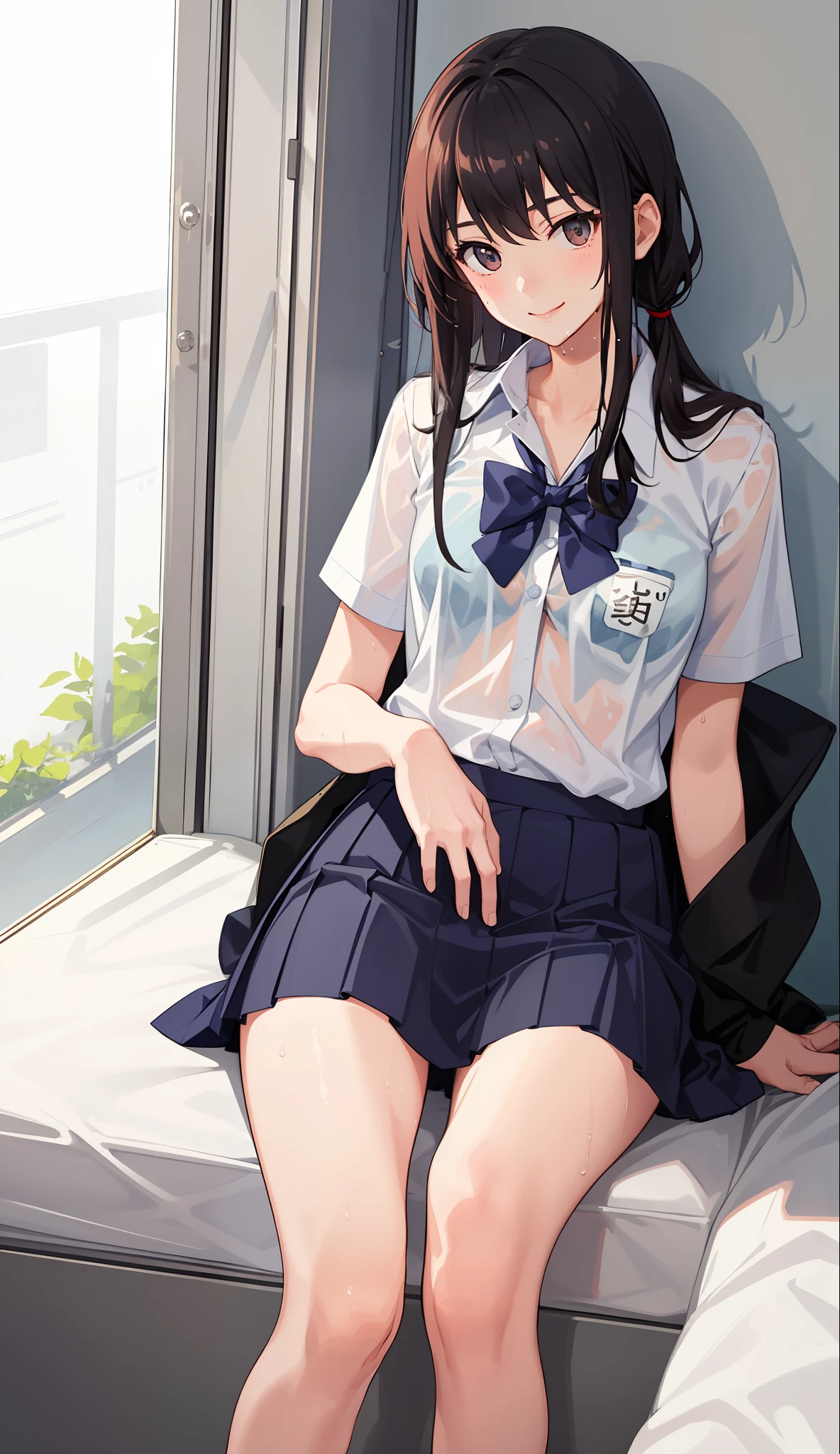 1 girl, smile, shirt, skirt, (small) chiralism, Japan high school school uniform, seravuk, summer clothes, squall-wet uniform, sheer bra, (portrait from knee up),