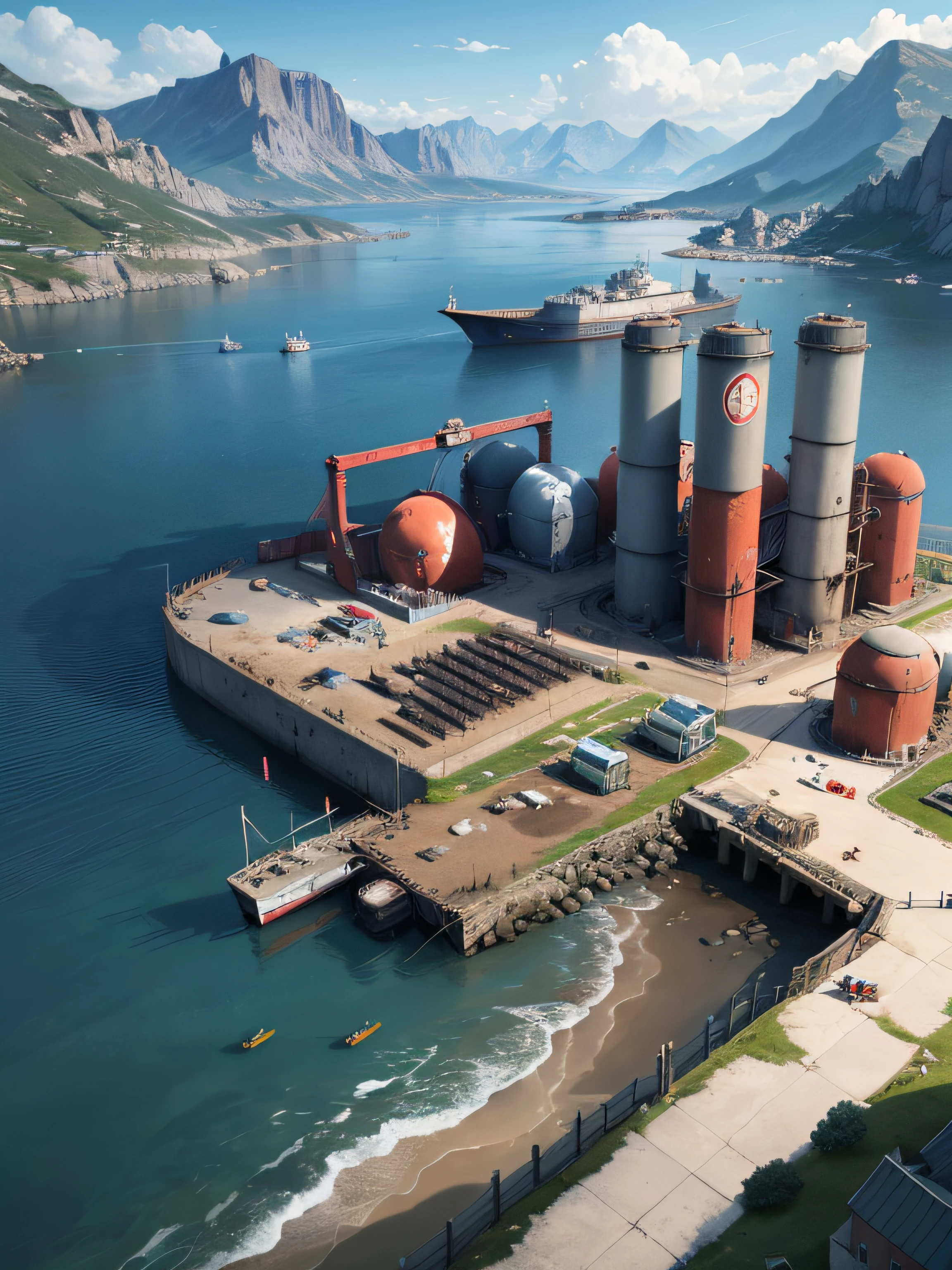 Arafak - Game is a good place with in-game graphics, military harbor, chrome military base, strategy game, post-apocalyptic theme park, post-apocalyptic harbor with lots of oil tanks, gantry crane, mountains in the background