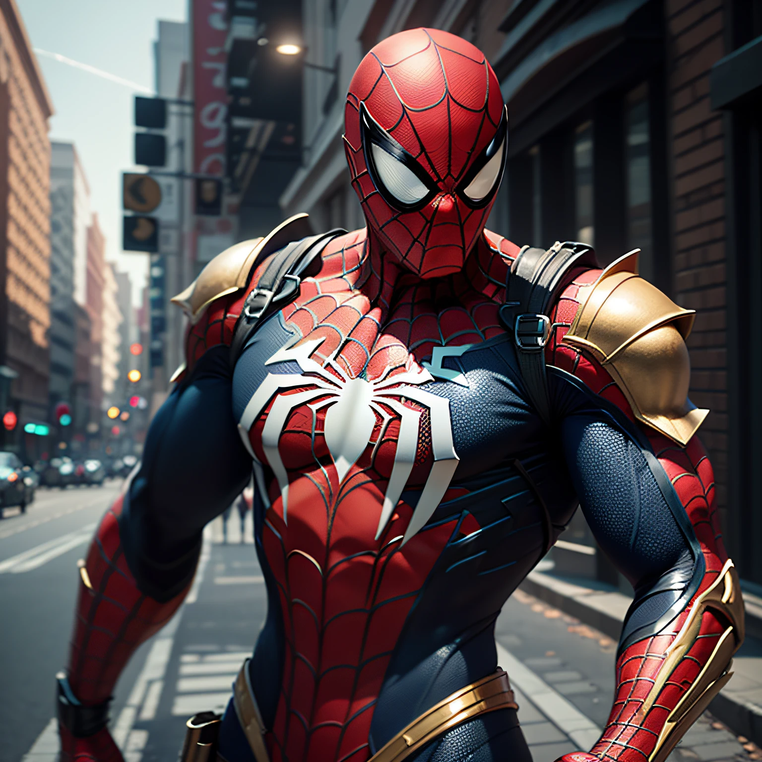 a closeup of a statue of a man with a gold and gold costume, super detailed render, 3 d render character art 8 k, intricate white and red armor, full samurai armor spiderman, iconic character of high detail, 8k render", octane render, "octane render", super detailed octane render, super render in octane render, hyper detailed 3 d render, Futuristic Spider-Man Style --auto