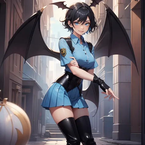 masterpiece, best quality, high resolution, solo, standing, adult woman, blue shirt, bat wings, black hair, short hair, blue eye...