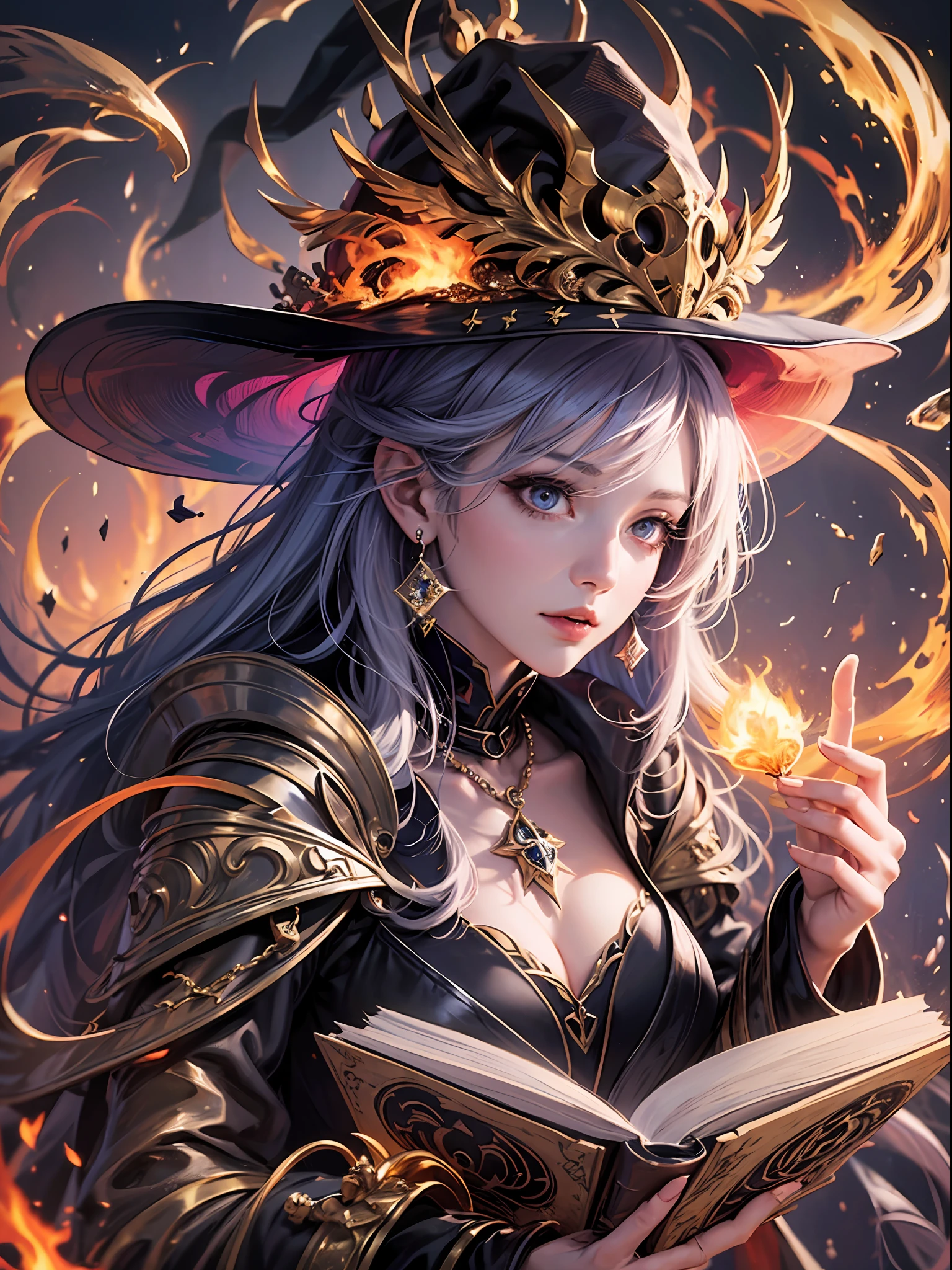 Masterpiece, detailed details, 1 girl, dynamic angle, dressed in witch costume holding bright wand, purple gold gorgeous mage robes, jewelry, runes, female mage summoning spell, dark fantasy female mage, witch portrait, beautiful witch, female mage, female fire mage, fire mage character