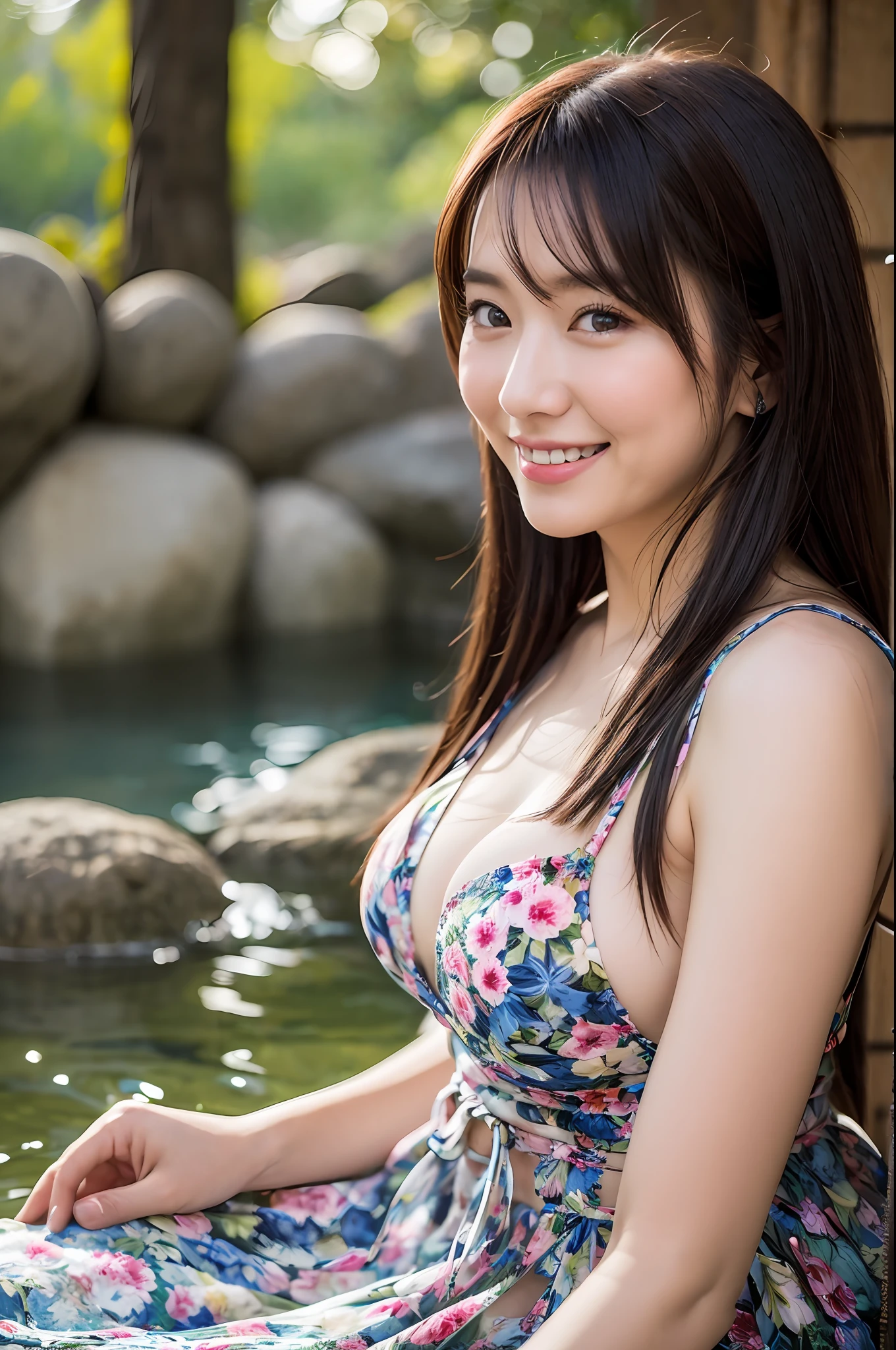(Best Quality, 8k, 32k, Masterpiece, UHD: 1.2), 1 girl, beautiful Japan woman, slender waist, beautiful woman with perfect style: 1.4, big: 1.3, fine face, smile, inn, hot spring, sit