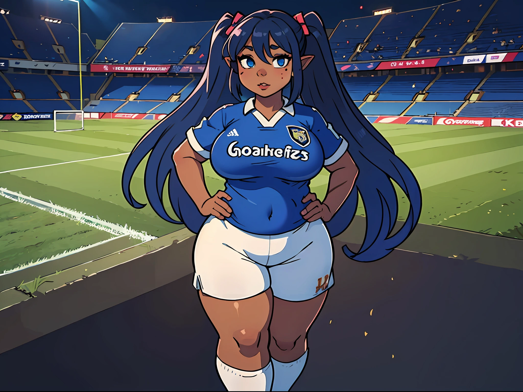 goblin, goblin girl, blue hair, very long hair, dark_ skin, very_dark_skin, dark skin goblin, dark-skinned girl, wide body, very dark skin girl, small stature, very chubby, cute goblin, huge breast, very large breast, hair between eyes, twintails, chubby, chubby girl, chubby girl goblin, wide hips, blue eyes, mole, mole on chest, age up, lips, big lips, thick eyebrows, body with fur, short girl, short goblin girl twintails, short girl, fat, very fat, soccer player, Soccer uniform, stadium