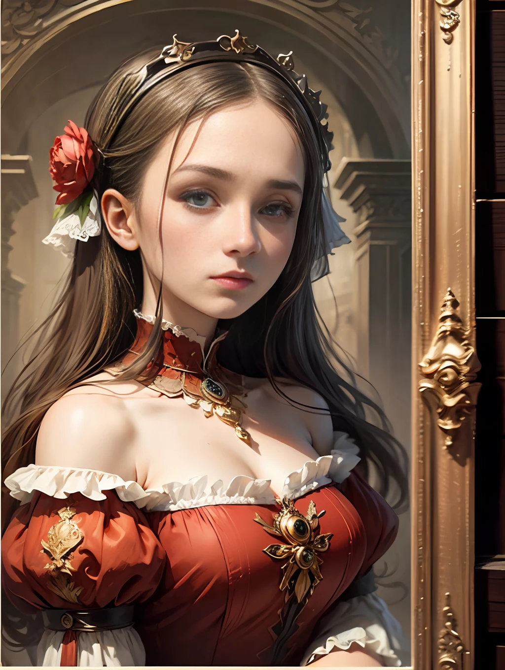 (Pure Color: 0.9), (Color: 1.1), (Masterpiece: 1,2), Top Quality, Masterpiece, High Resolution, Original, Highly Detailed Wallpaper, Beauty, Tudor, Red Dress, Melancholy, Big Breasts, Rembrandt Style, --auto --s2