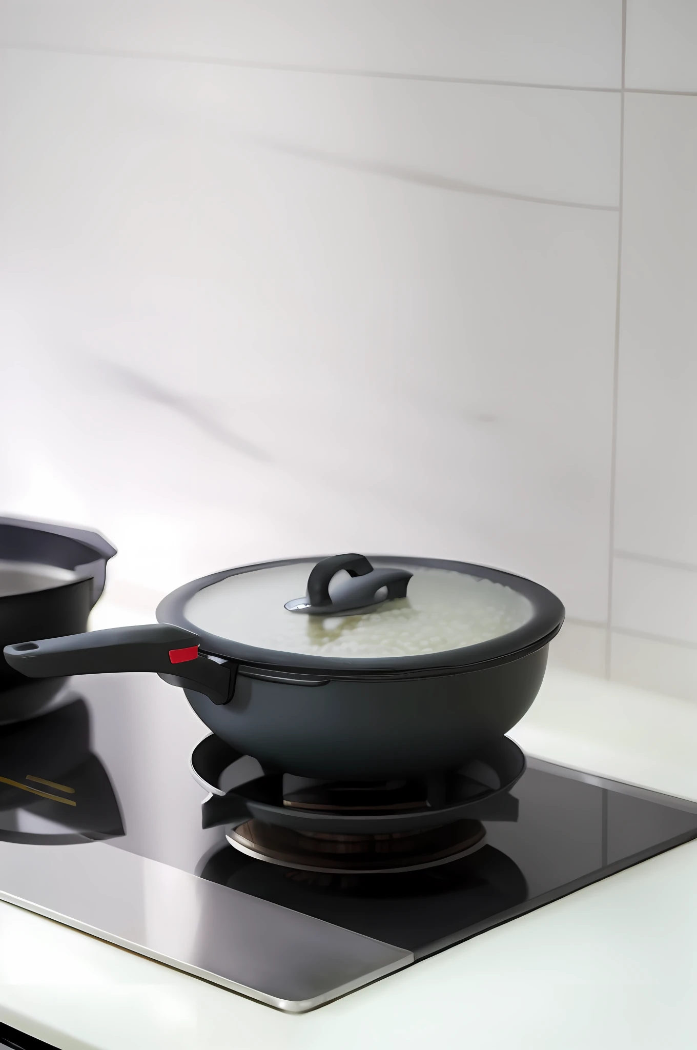 pots and pans on a stove top with a white tiled wall, 王琛, boiling, wok, cooking, pot, steaming food on the stove, great quality, product introduction photo, sha xi, cooked, pots and pans, handsome, qiangshu, chinese, 2 4 mm iso 8 0 0, sichuan, inspired by Gong Kai