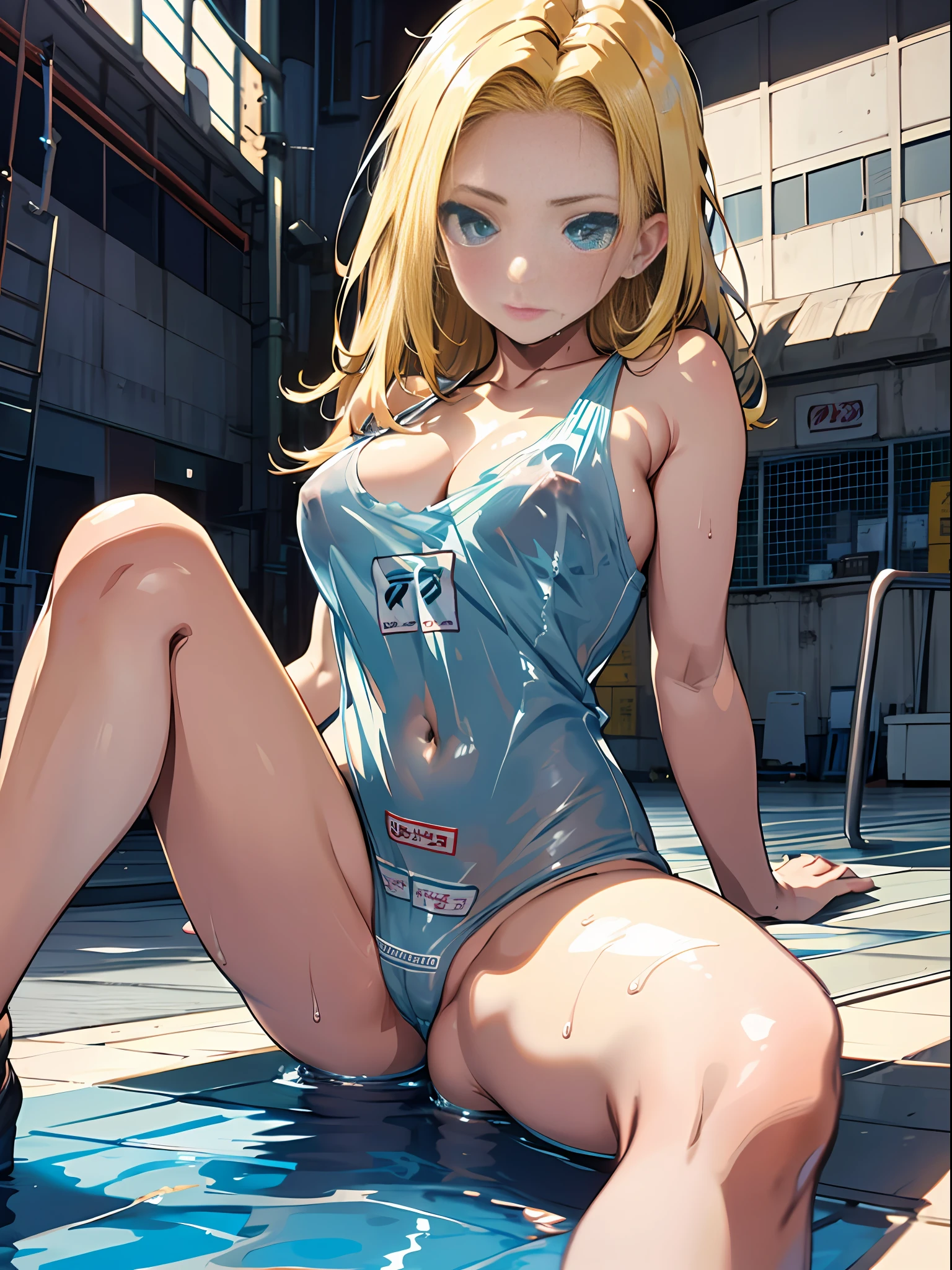 NSFW, masterpiece, superior quality, ultra high definition, higher resolution, highly detailed, professional lighting, clean skin, illustration, android 18, cowboy photo, short stature, thin, very cute, young face, cleavage, lower chest, hands on chest, wet body, (breasts out: 1.3), blonde hair, semi-long hair, hair ribbon, blue eyes, blush, (sitting on the floor:  1.1), legs open, legs up (plastic bag 1.1), Swimsuit, Navel, From below, City pool, (Wind: 1.2)