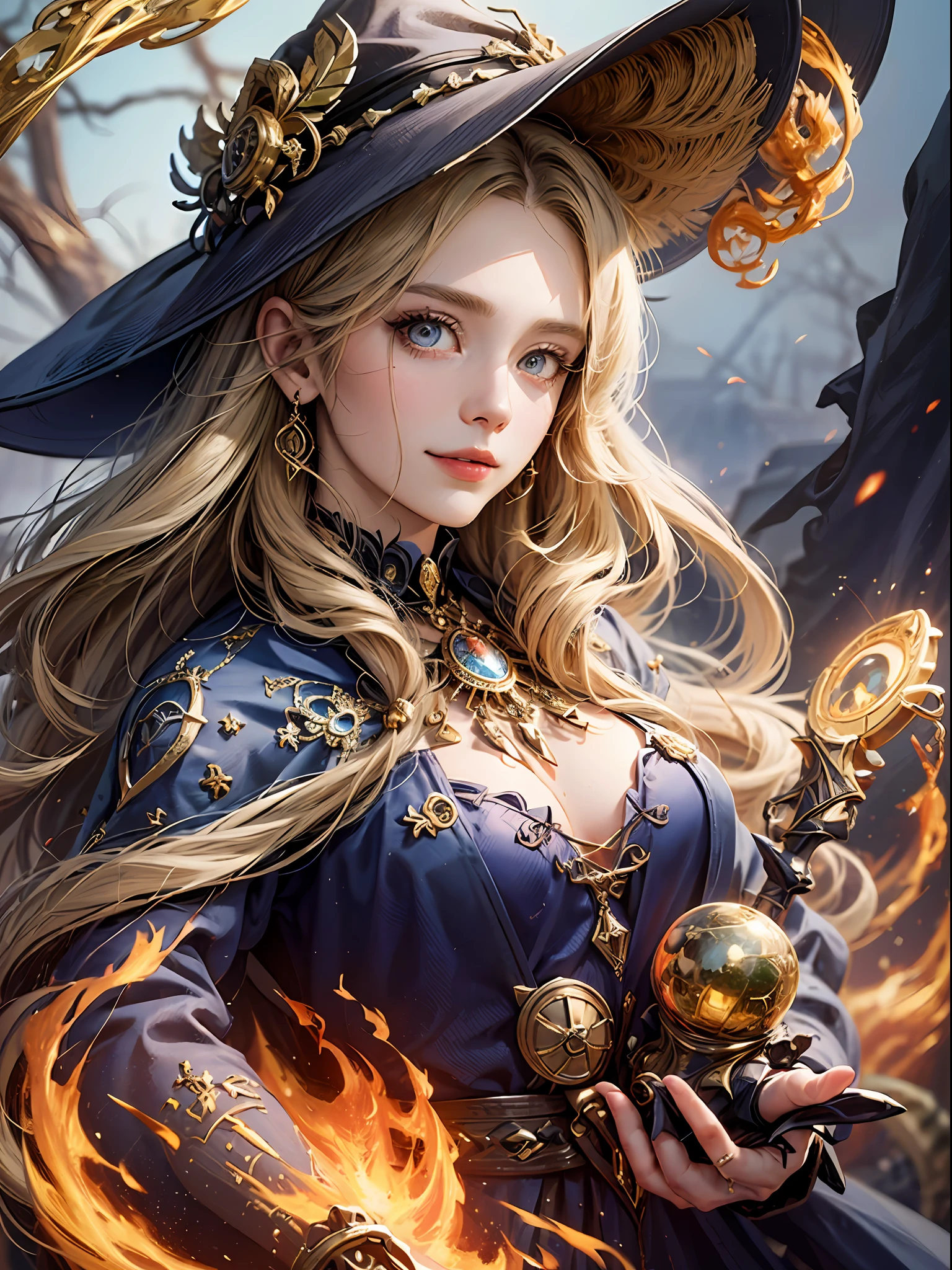 Masterpiece, detailed details, 1 girl, delicate facial features, smile, dynamic angle, holding bright wand in witch costume, female mage summoning spell, dark fantasy female mage, witch portrait, beautiful witch, female mage, female fire mage, fire mage character